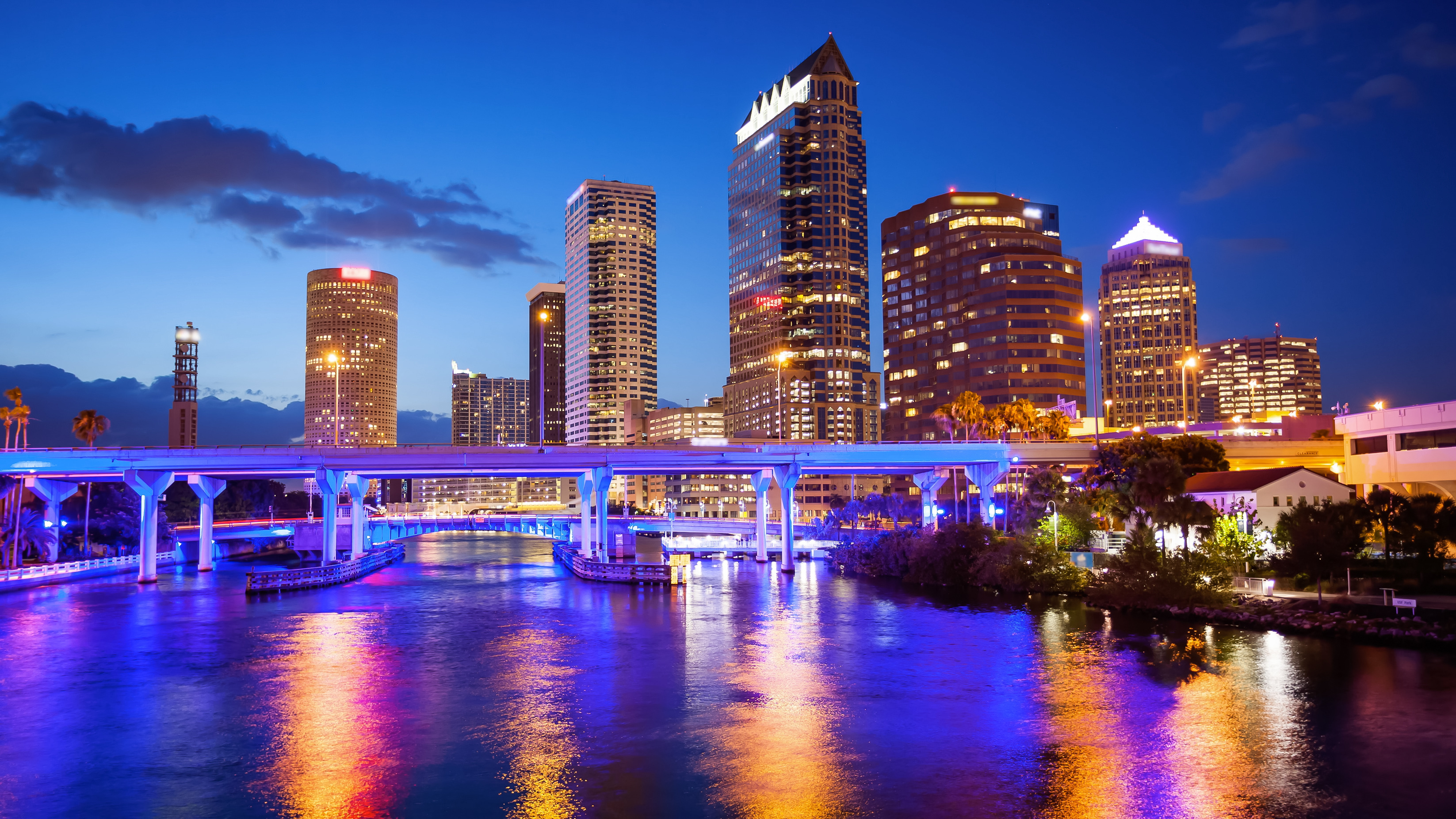 Downtown Tampa, Florida City Skyline at Night - Cityscape (logos blurred)