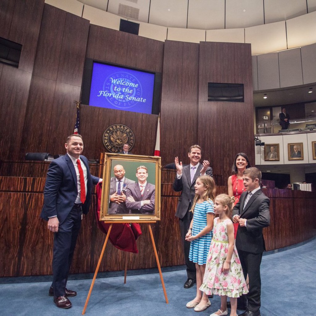 Andy Gardiner sees his "official" portrait for the first time on Monday, March 7, 2016. Photo courtesy of the Florida Senate. 