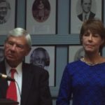 Bob Graham and Gwen Graham at the Press Center. Hall of Fame portraits can be seen in the background. (Photo: Amy Datz)