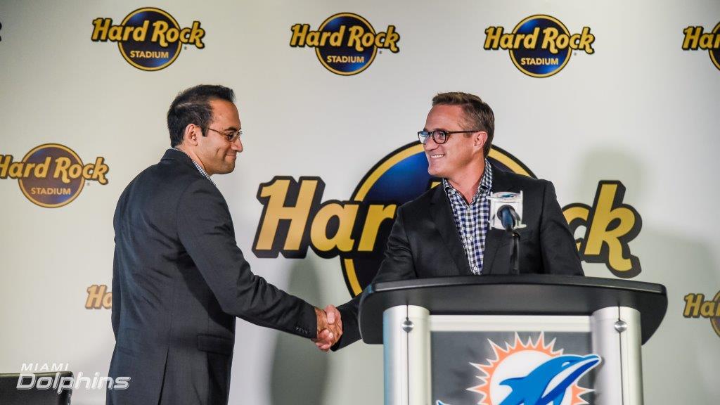 (L-R) Uber South Florida General Manager Kasra Moshkani with Dolphins President & CEO Tom Garfinkel at Hard Rock Stadium