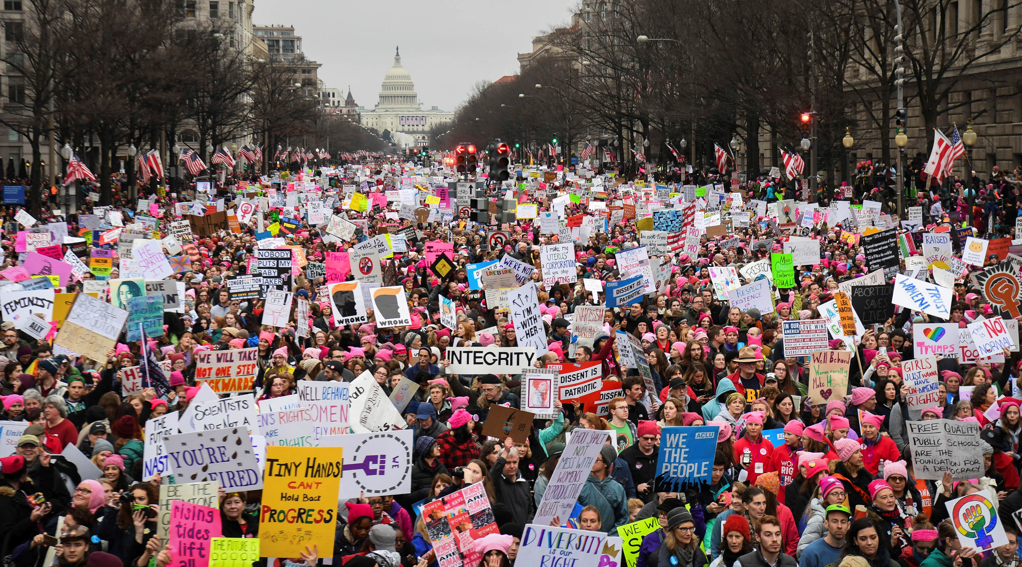 Hundreds of thousands march down Pennsylvania Avenue during the Women's March in Washington