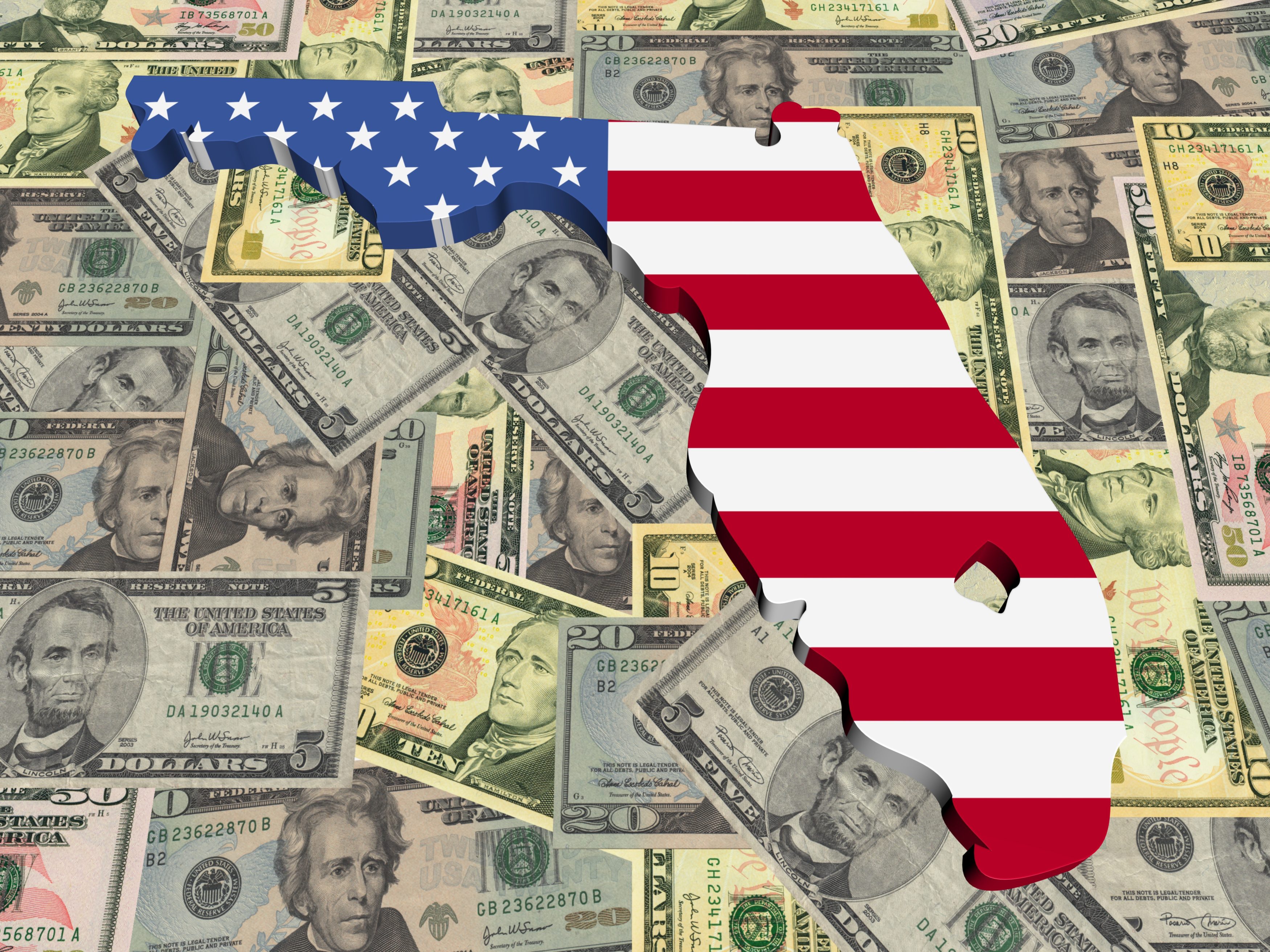 Florida 3d Map flag on American dollars illustration