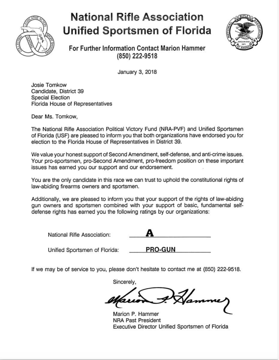 NRA and Unified Sportsmen of Florida endorsement letter