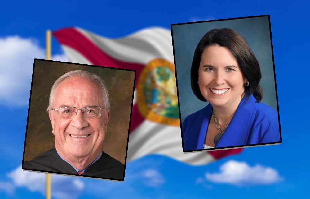 Flag of Florida waving on blue sky background