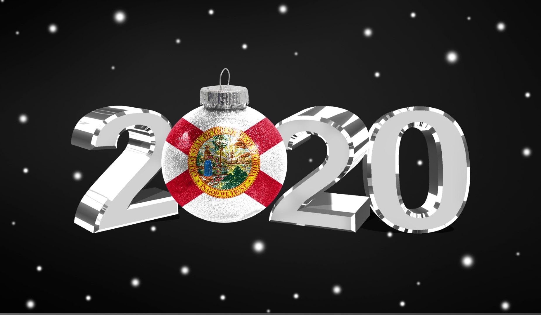 Happy new Year 2020, flag State of Florida on a christmas toy, decorations isolated on dark background. Creative christmas concept.
