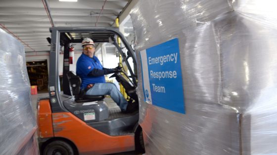 Florida Power & Light Company (FPL) warehouse foreman Carlos Garcia loads one of 22 pallets of power line switches in Riviera Beach, Fla. to be shipped to the Bahamas, Jan. 22, 2020. FPL is donating 500 of the devices to help with recovery from Hurricane Dorian. Photo credit: Scott Fisher for FPL.