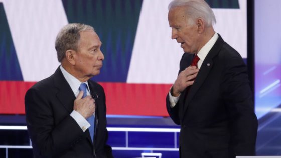 Democratic presidential candidates, former New York City Mayor Mike Bloomberg, left, and former Vice President Joe Biden talk during a break in a Democratic presidential primary debate Wednesday, Feb. 19, 2020, in Las Vegas, hosted by NBC News and MSNBC. (AP Photo/John Locher)