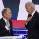 Democratic presidential candidates, former New York City Mayor Mike Bloomberg, left, and former Vice President Joe Biden talk during a break in a Democratic presidential primary debate Wednesday, Feb. 19, 2020, in Las Vegas, hosted by NBC News and MSNBC. (AP Photo/John Locher)