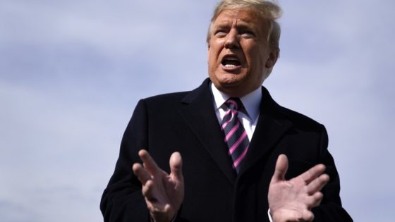 President Donald Trump talks to the media before he boards Air Force One for a trip to Los Angeles to attend a campaign fundraiser, Tuesday, Feb. 18, 2020, at Andrews Air Force Base, Md. (AP Photo/Evan Vucci)