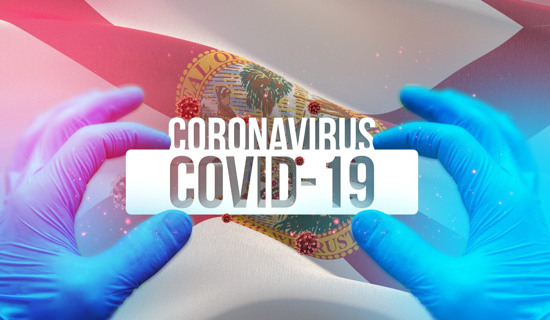 Medical Concept of pandemic Coronavirus COVID-19 outbreak with backgroung of waving flag of the states of USA. State of Florida flag 3D illustration.