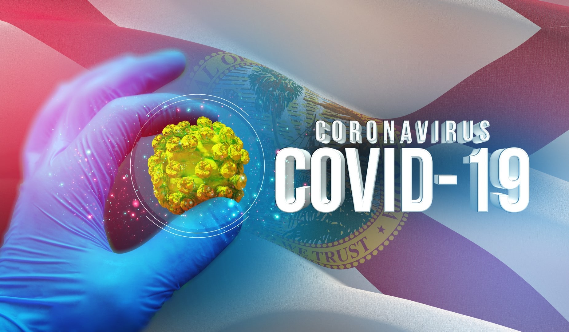 Coronavirus COVID-19 outbreak concept, background with flags of the states of USA. State of Florida flag. Pandemic stop Novel Coronavirus outbreak covid-19 3D illustration.