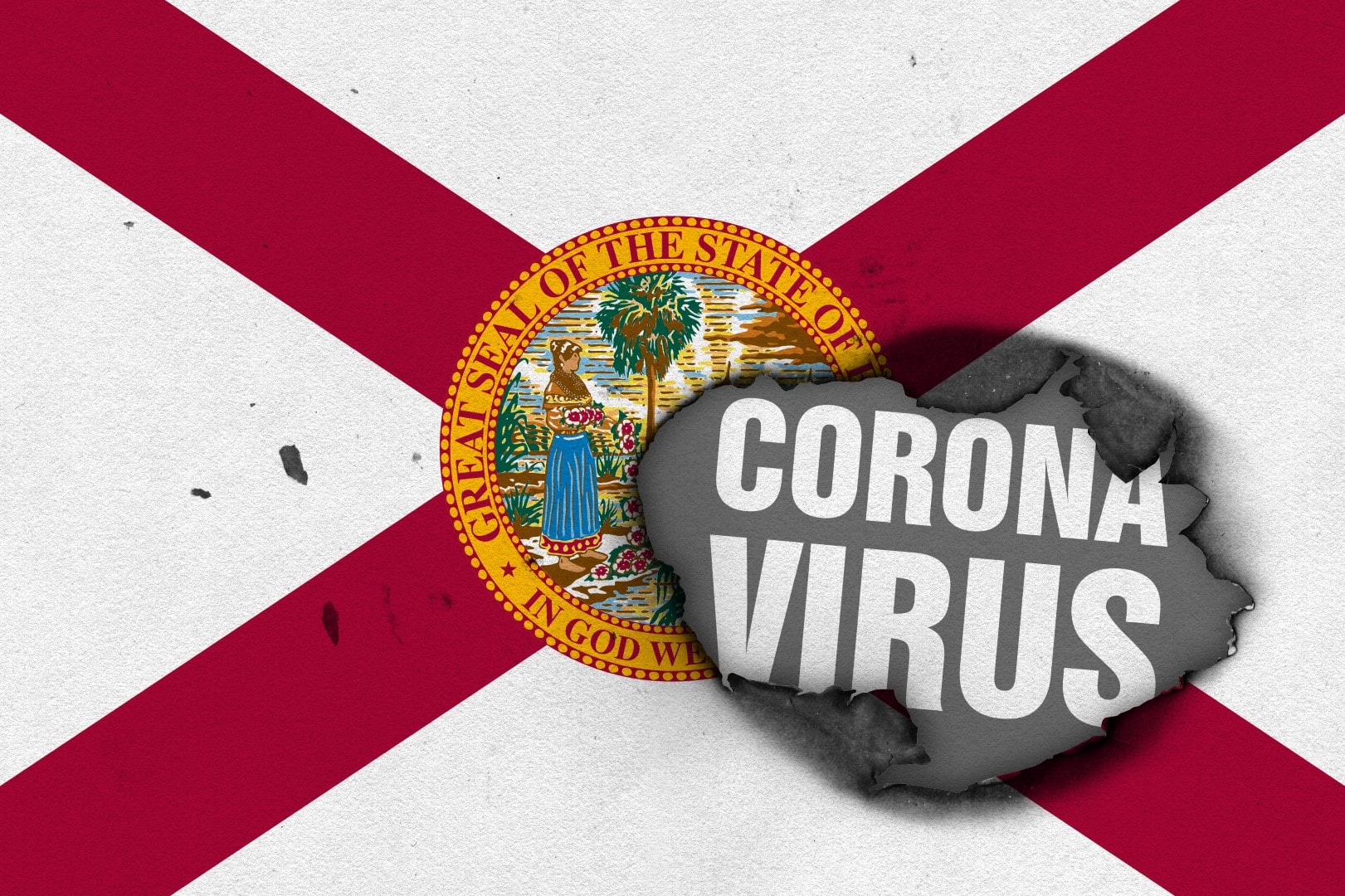 Flag of the state of Florida with burned out hole showing Coronavirus name in it. 2019 - 2020 Novel Coronavirus (2019-nCoV) concept, for an outbreak occurs in Florida, USA.