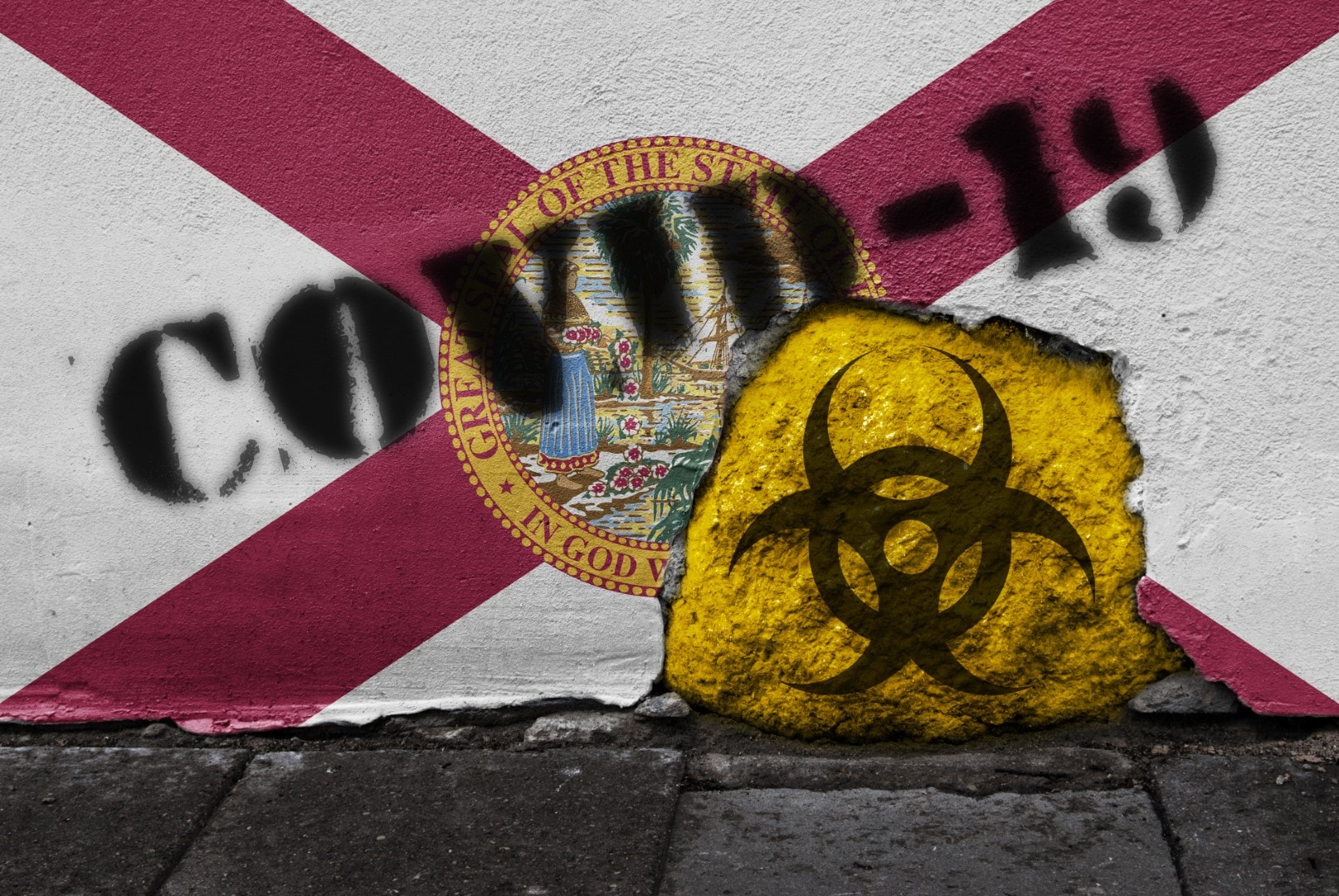 Flag of the state of Florida on the wall with covid-19 quarantine symbol on it. 2019 - 2020 Novel Coronavirus (2019-nCoV) concept, for an outbreak occurs in Florida, US.