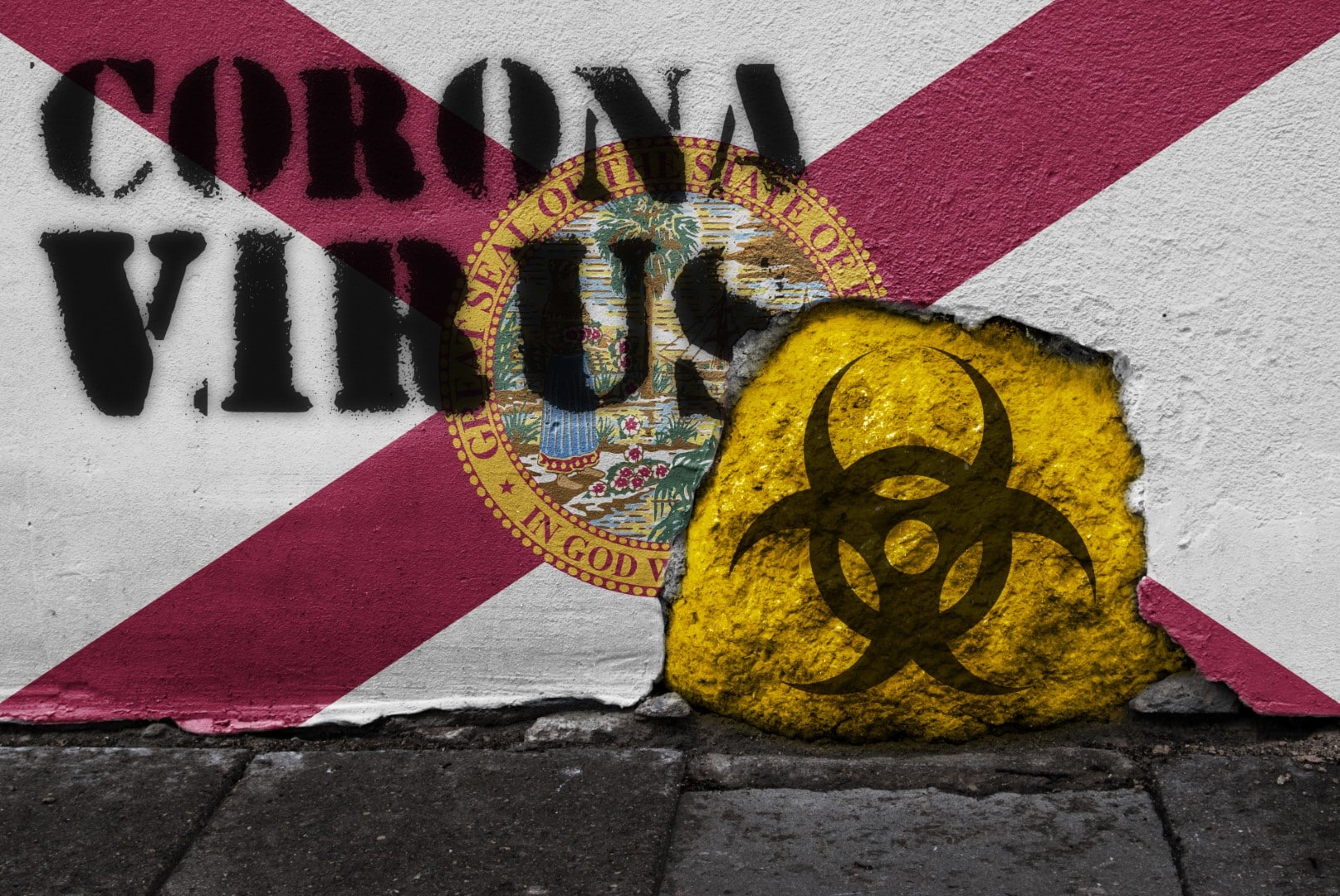 Flag of the state of Florida on the wall with covid-19 quarantine symbol on it. 2019 - 2020 Novel Coronavirus (2019-nCoV) concept, for an outbreak occurs in Florida, US.