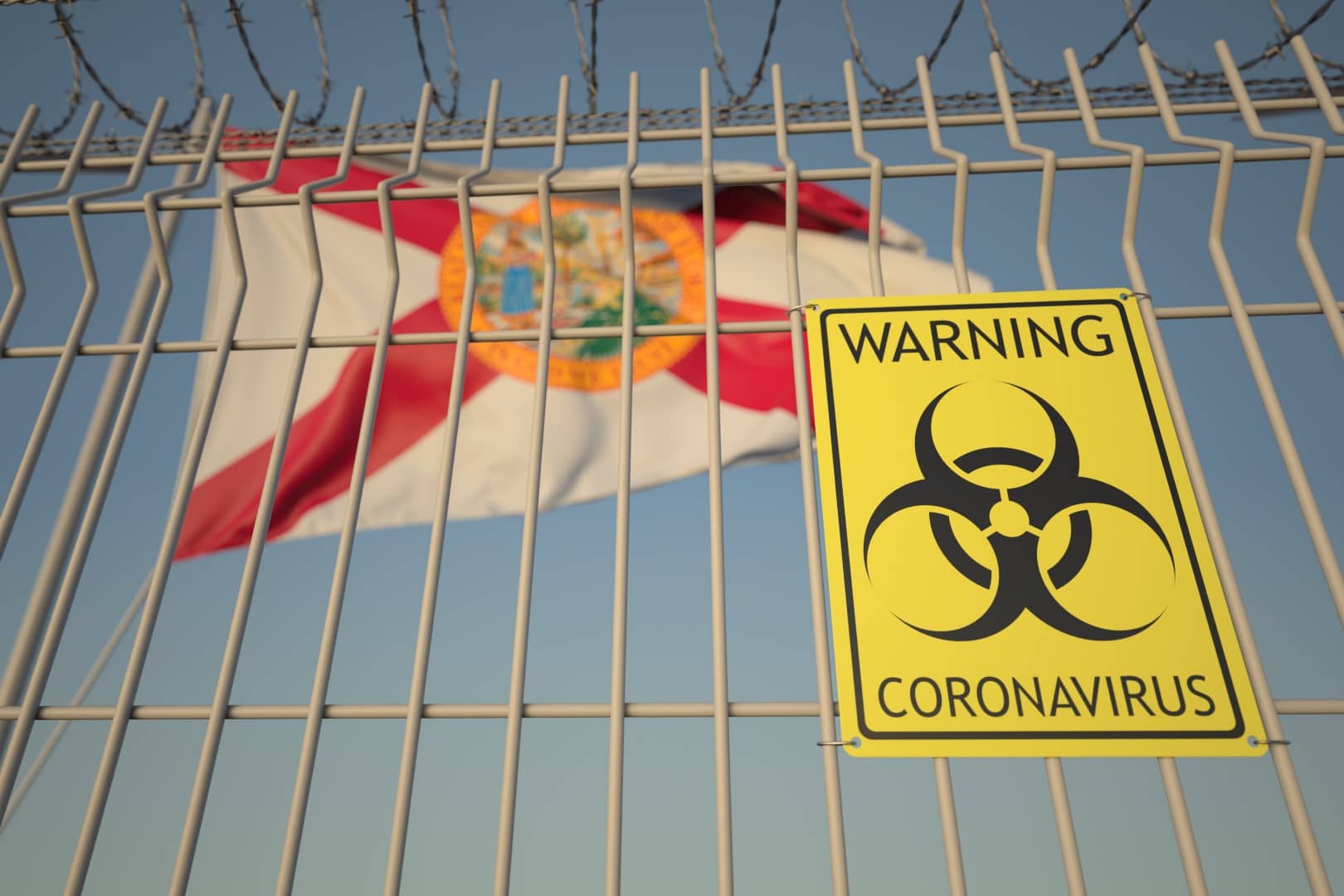 Coronavirus warning sign on the barbed wire fence against flag of Florida. COVID-19 quarantine related 3D rendering