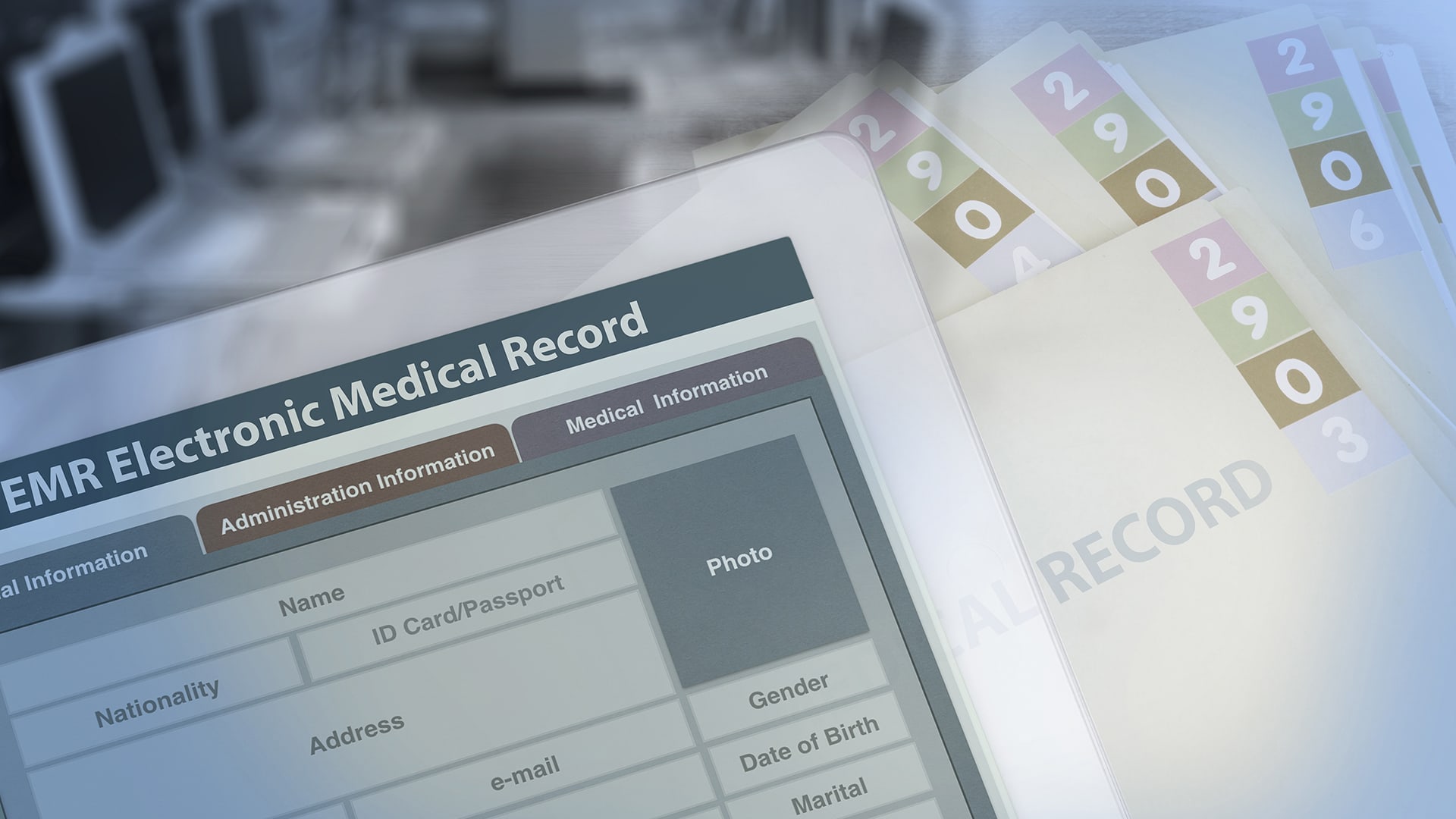 Background photo showing medical record changing from paperwork to electronic medical record.