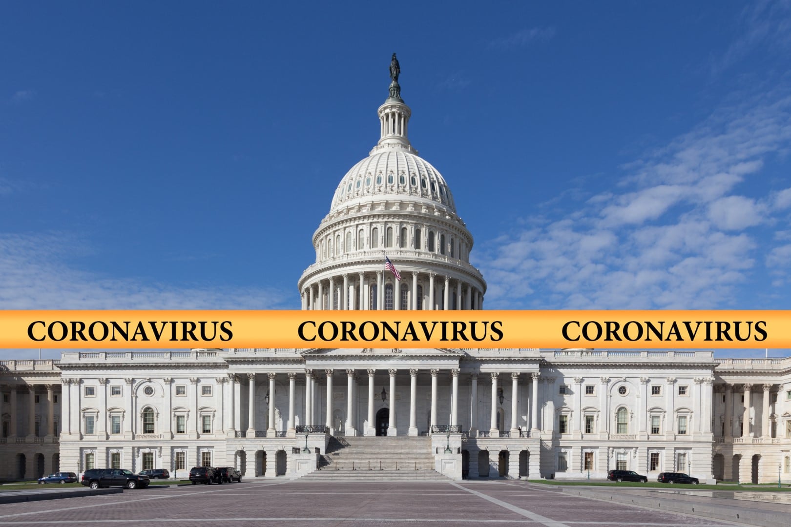 Inscription coronavirus on a yellow police tape against the backdrop of the Capitol Building in Washington DC, USA. US coronavirus concept in government