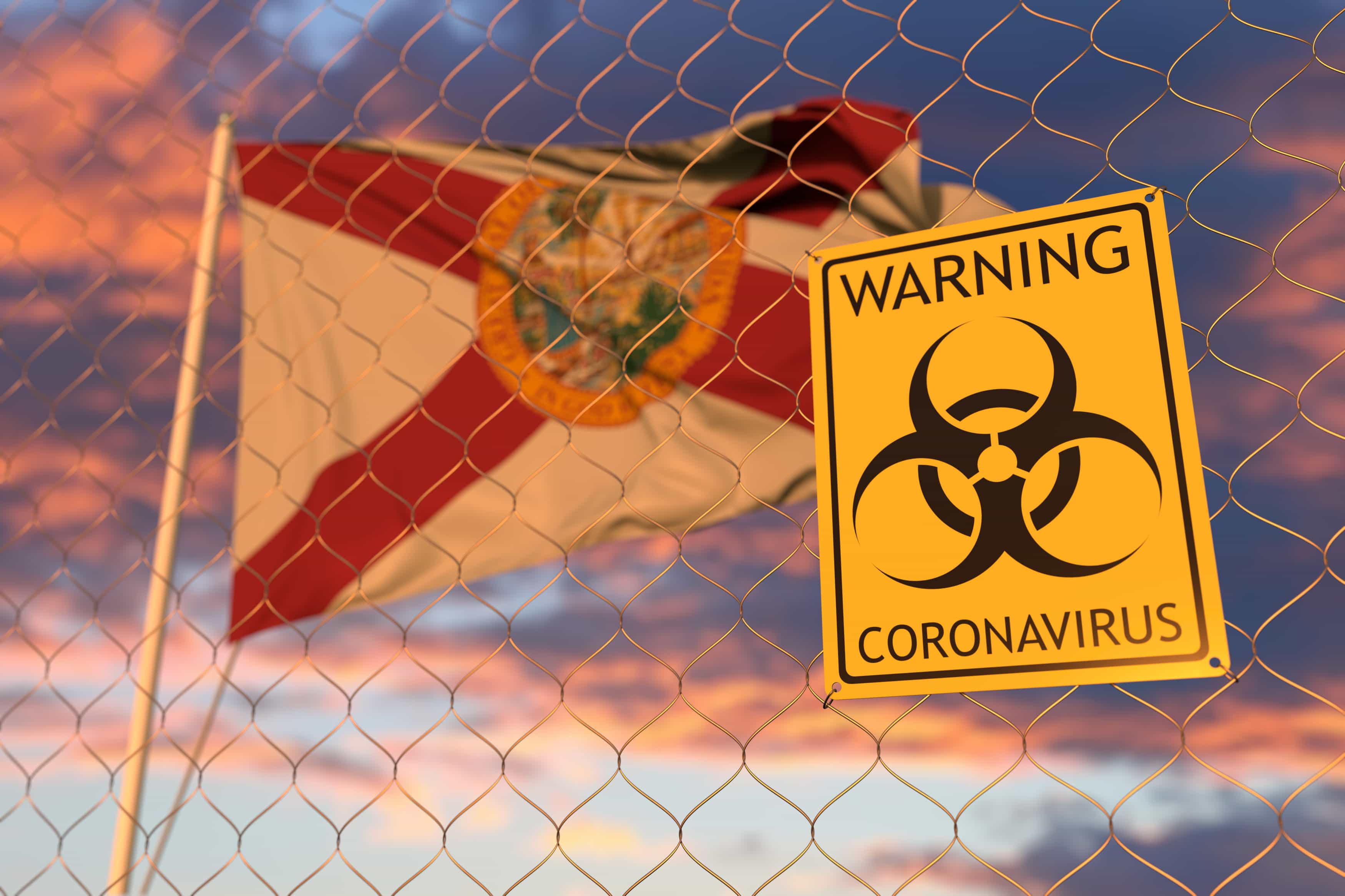 Coronavirus warning sign on the fence against flag of Florida. Quarantine related 3D rendering