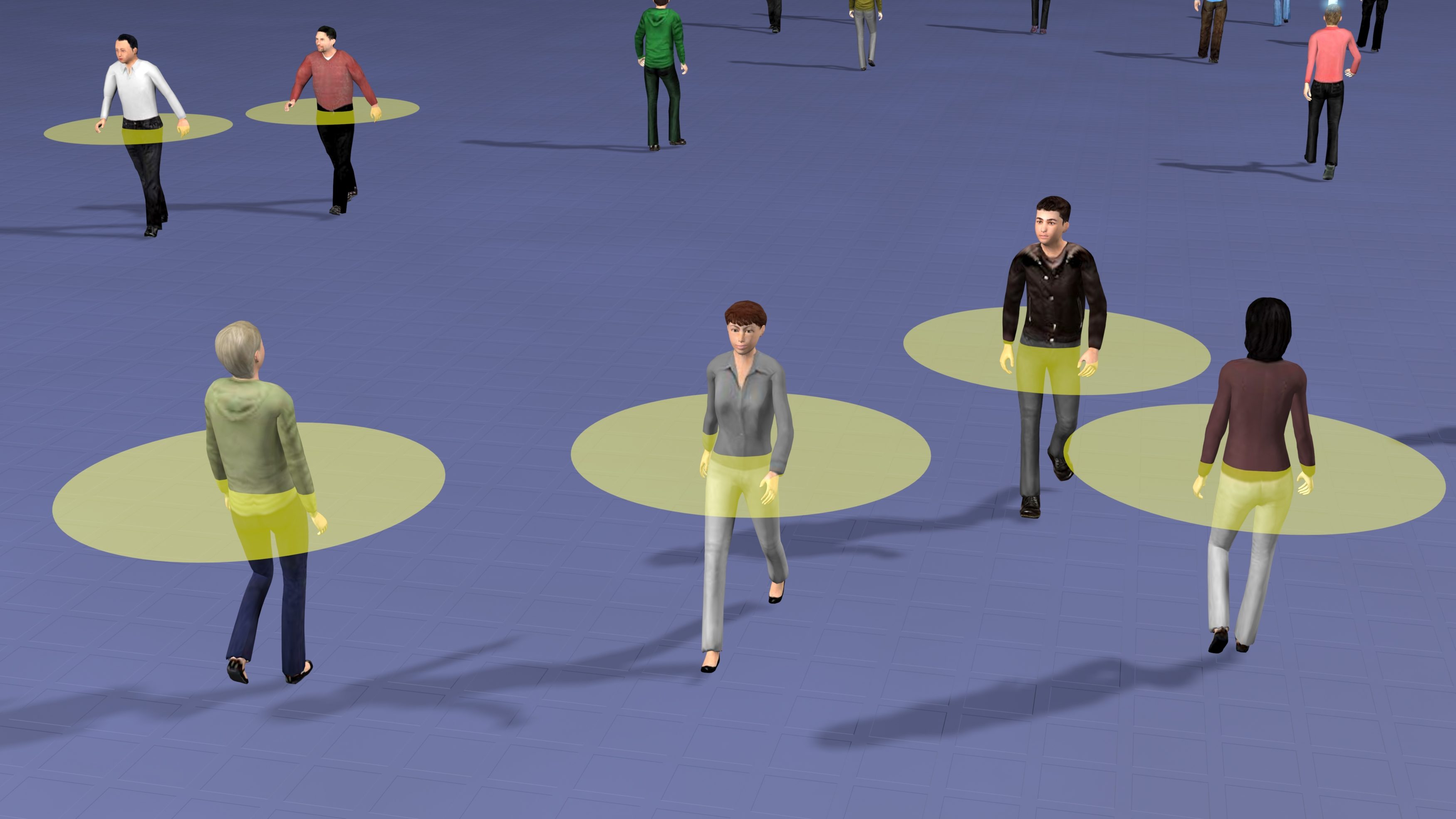 Crowd of people walking and maintaining safe physical distance from others.  Transparent disk defines safety zone to avoid close contact.  Social distancing theme. 3d rendering illustration