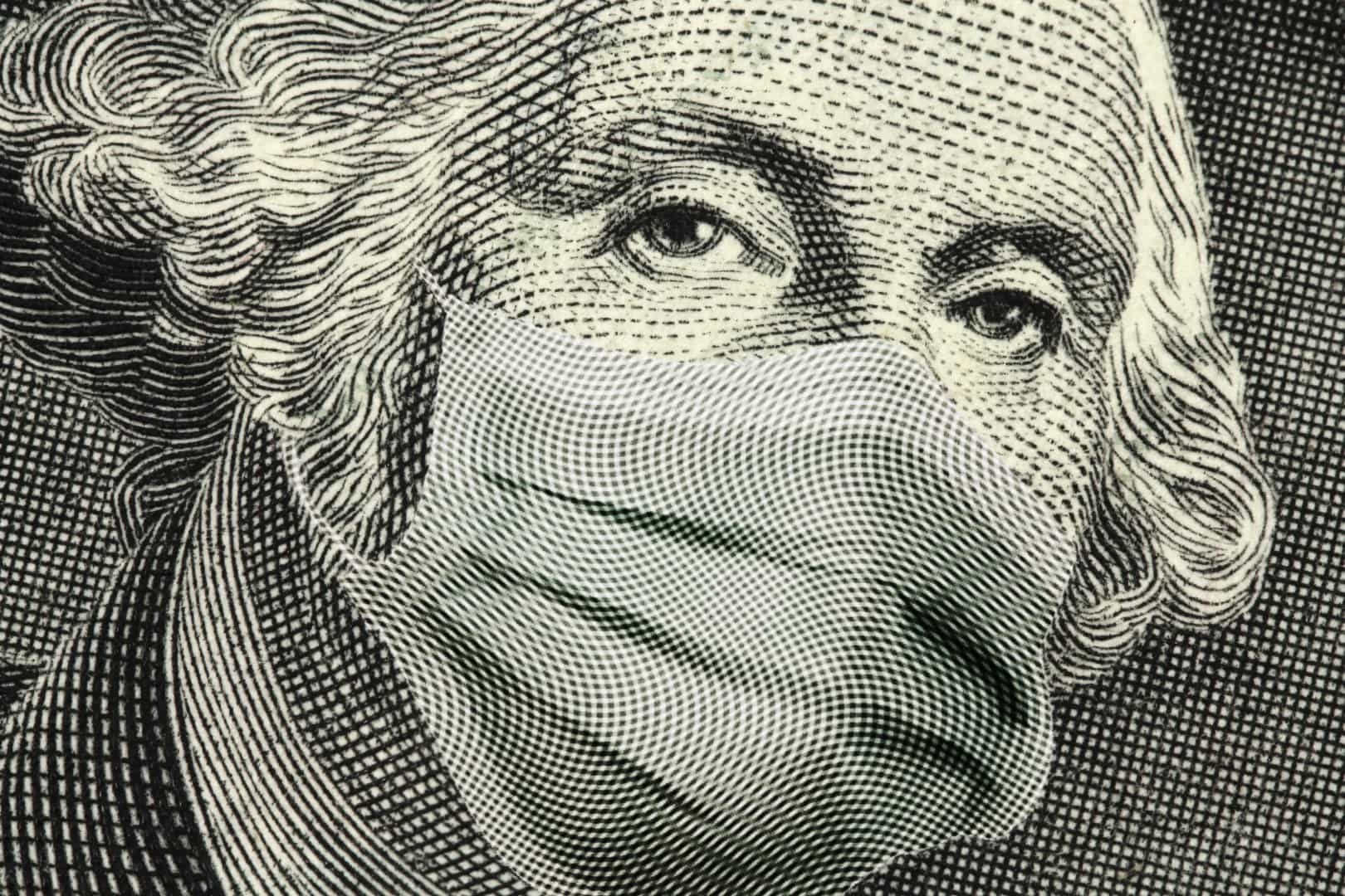 COVID-19 coronavirus in USA, Close up of ONE Dollar money bill with George Washington wearing healthcare surgical mask. Quarantine and global recession. Global economy hit by Covid19.