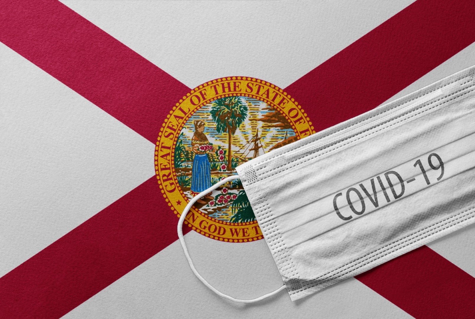 Face Medical Surgical White Mask with COVID-19 inscription lying on Florida State Flag. Coronavirus in Florida