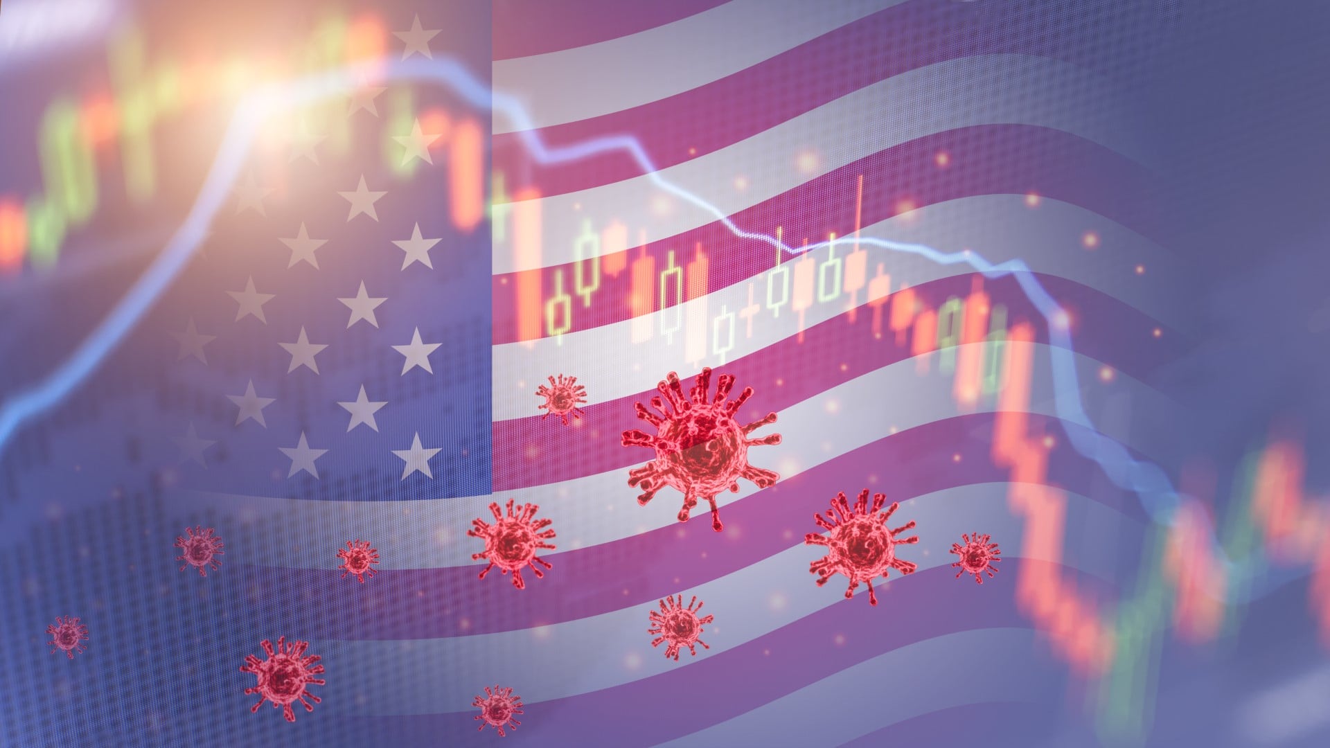 Coronavirus impact America economy stock markets financial crisis concept,The coronavirus or covid-19 sinks the America stock exchanges. Graphs representing the stock market crash caused