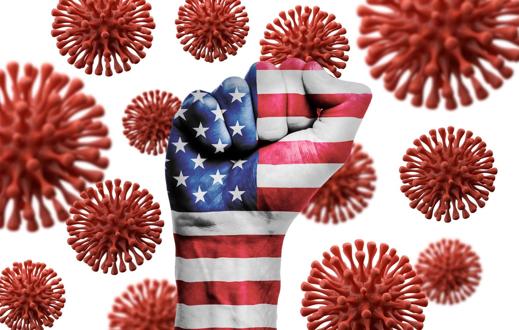 USA flag fist fighting off coronavius disease