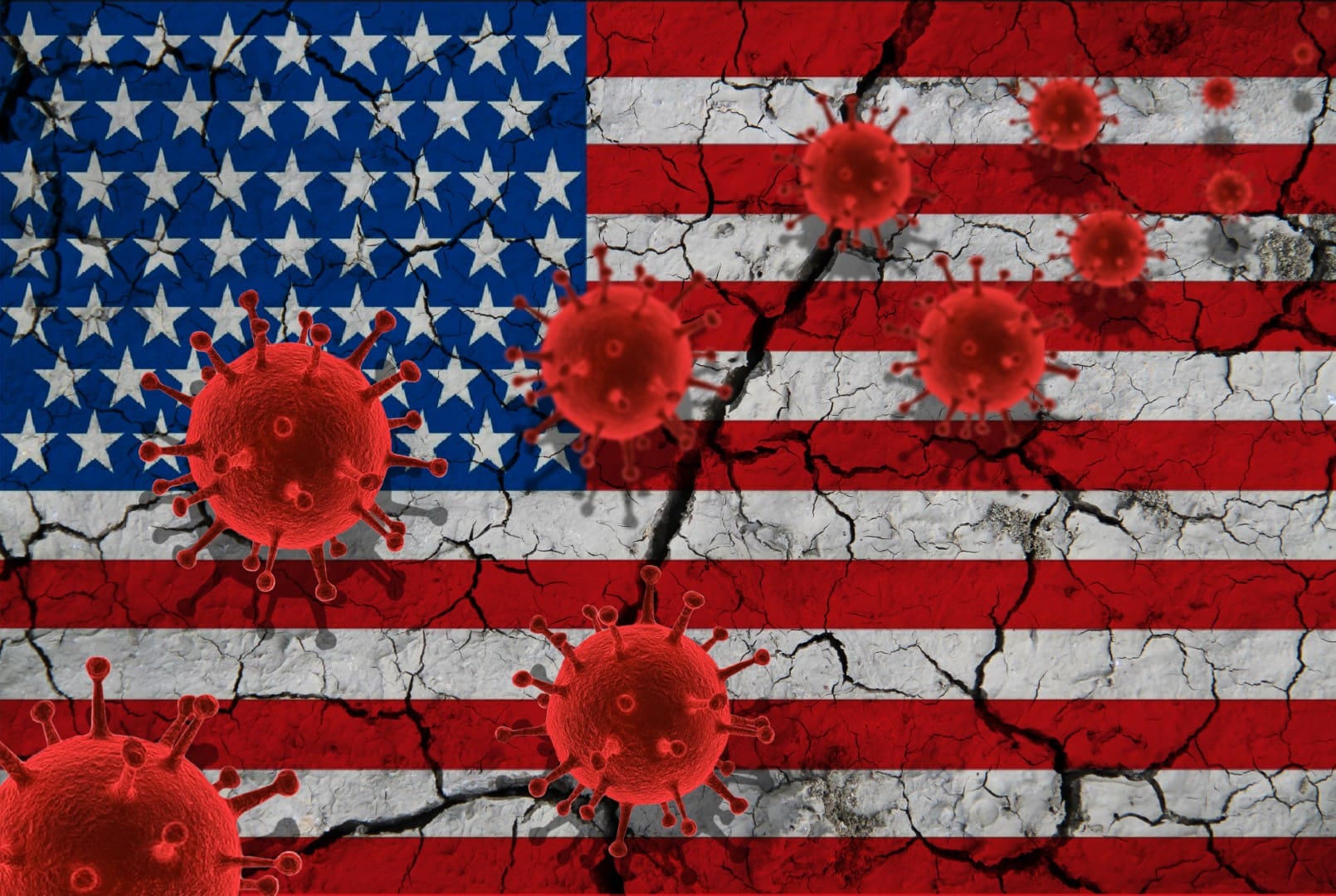 Red virus cells, pandemic influenza virus epidemic infection, coronavirus, Asian flu concept, against the background of a cracked US flag