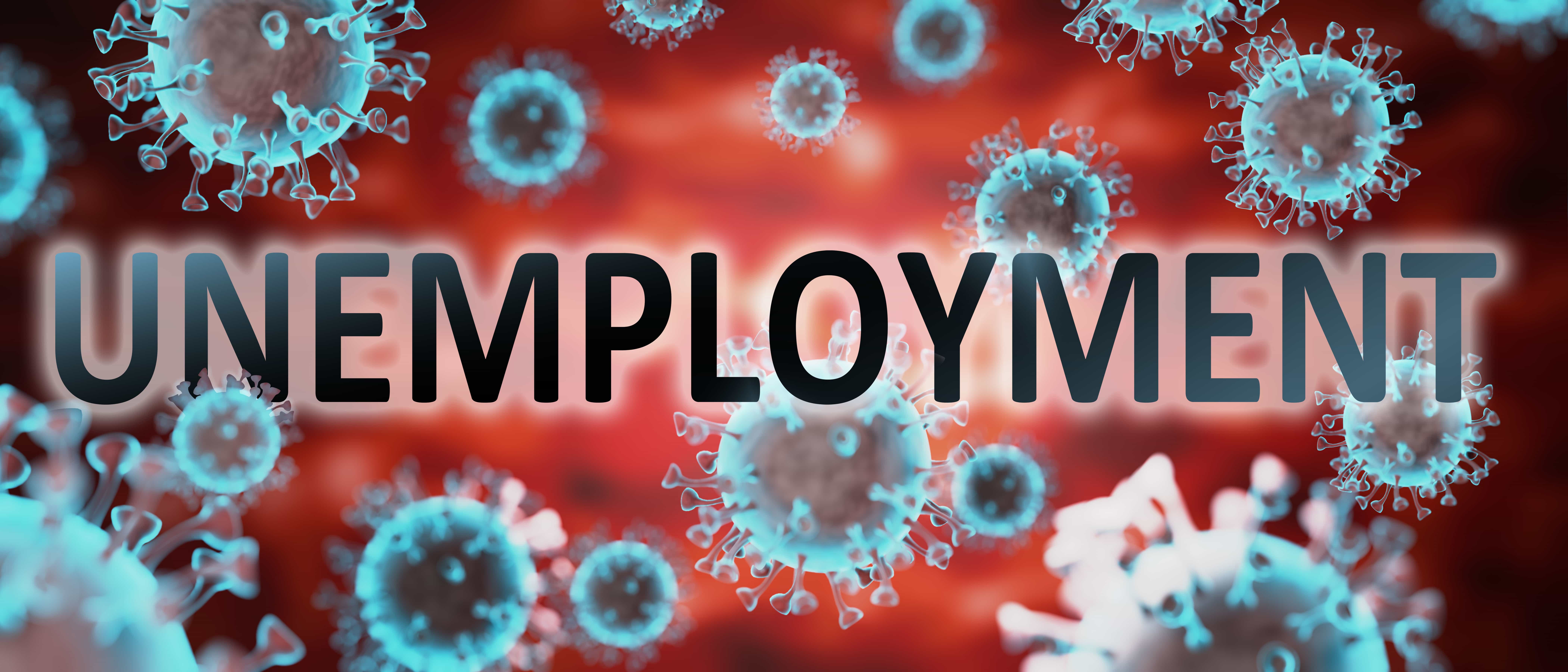 covid and unemployment, pictured by word unemployment and viruses to symbolize that unemployment is related to corona pandemic and that epidemic affects unemployment a lot, 3d illustration