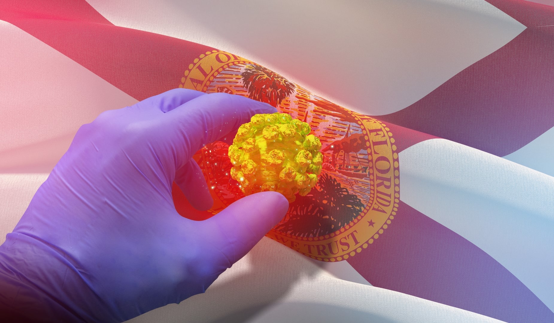 Coronavirus COVID-19 outbreak concept, background with flags of the states of USA. State of Florida flag. Pandemic stop Novel Coronavirus outbreak covid-19 3D illustration.