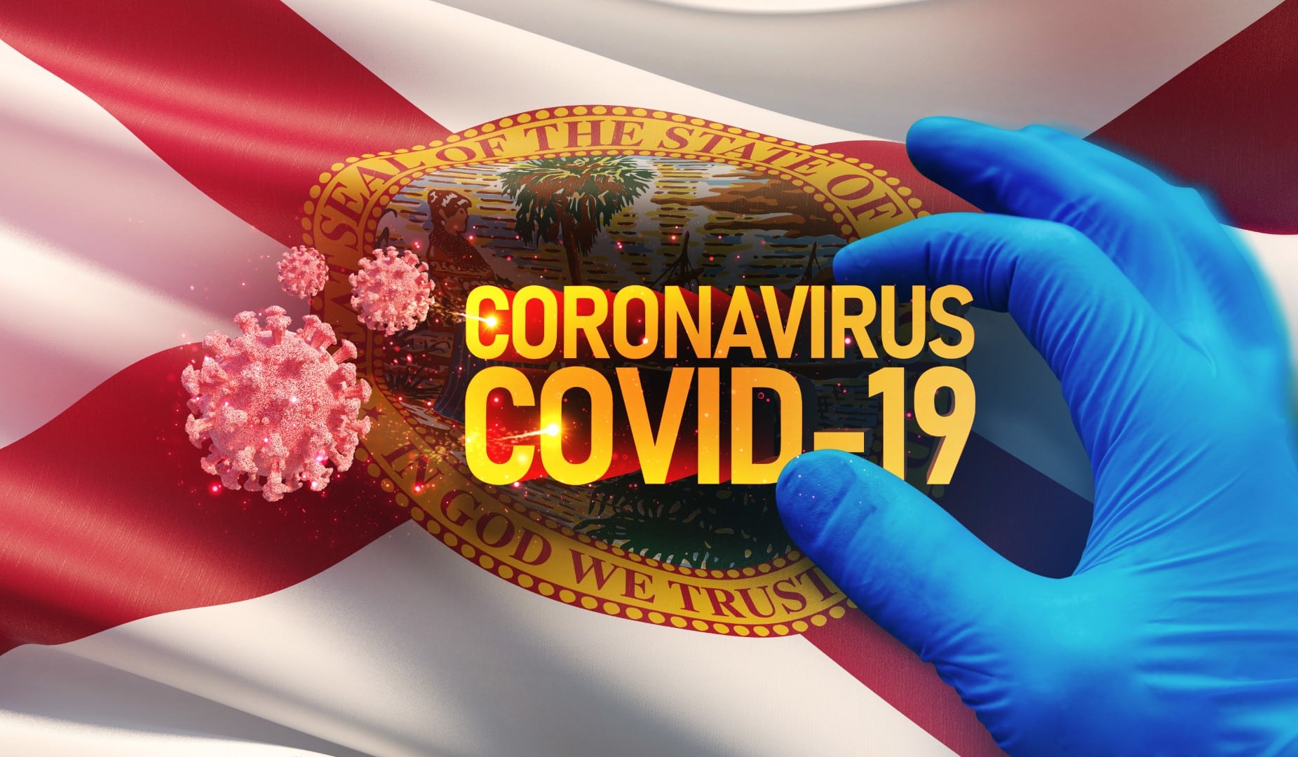 Coronavirus COVID-19 outbreak concept, background with flags of the states of USA. State of Florida flag. Pandemic stop Novel Coronavirus outbreak covid-19 3D illustration.