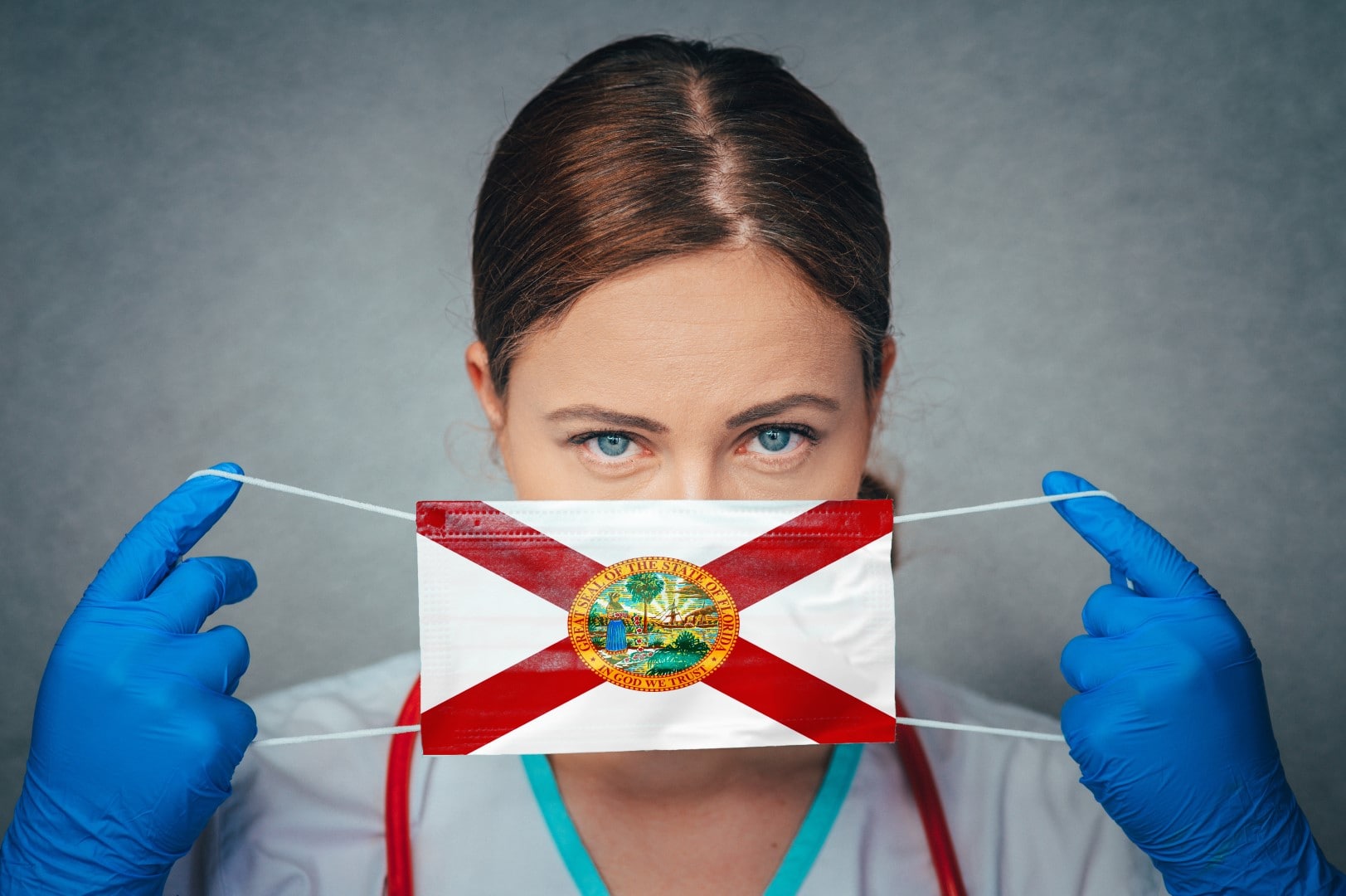 Coronavirus in U.S. State Florida, Female Doctor Portrait, protect Face surgical medical mask with Florida Flag. Illness, Virus Covid-19 in Florida