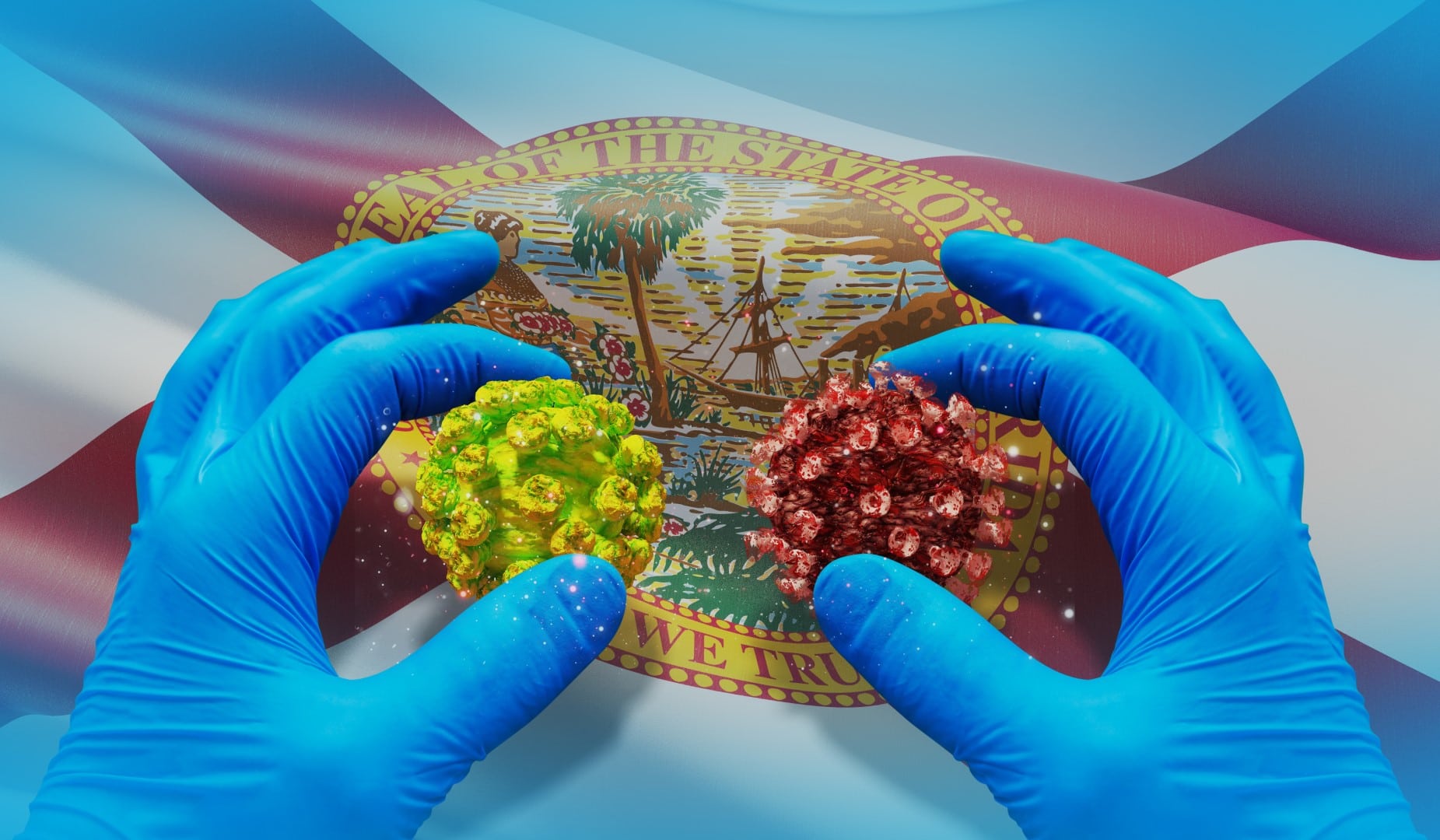 Medical virus molecular concept with Flag of Florida - United States of America states flags collection. 3D illustration.