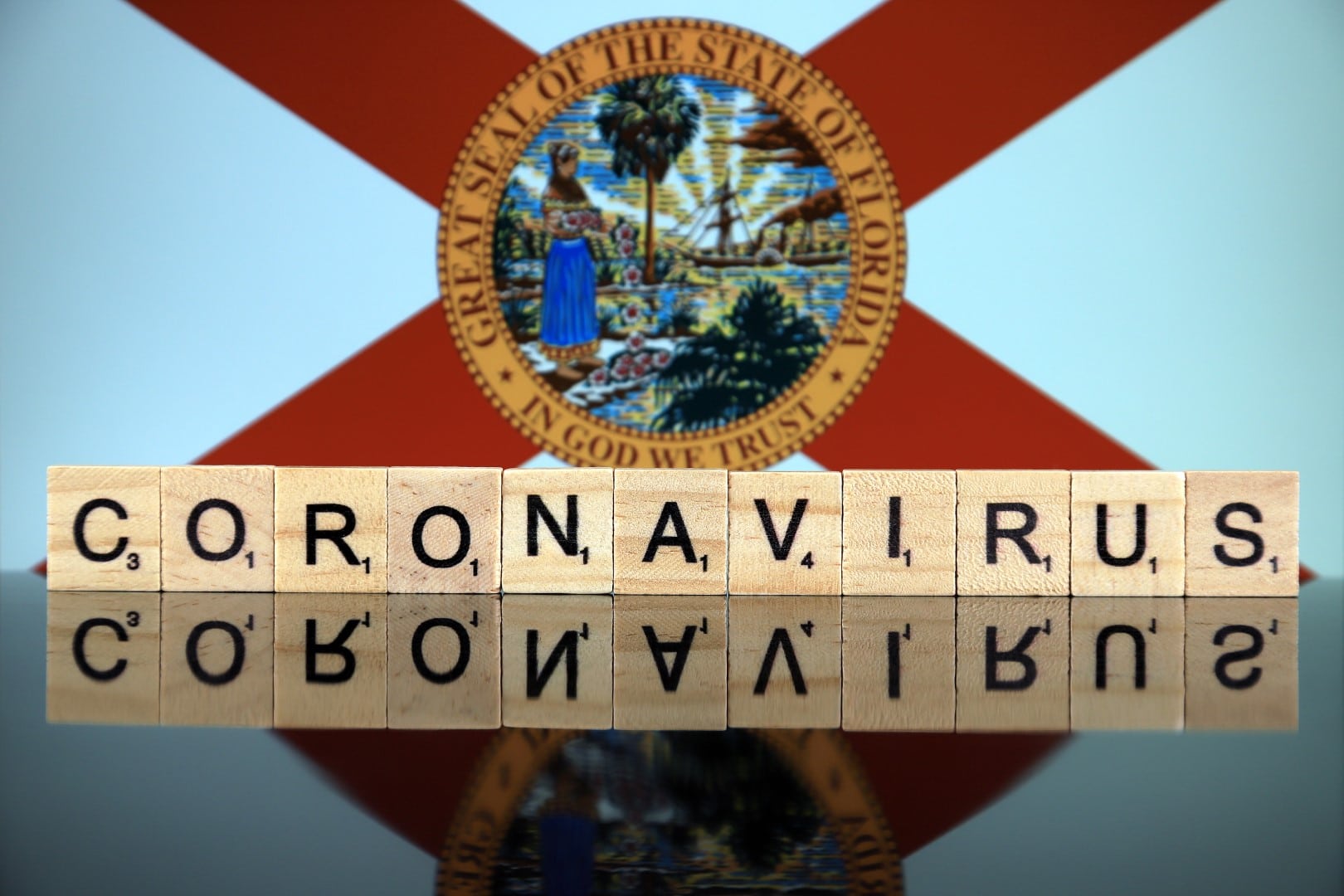 WROCLAW, POLAND - MARCH 28, 2020: Word CORONAVIRUS made of wooden letters, and Florida State Flag in the background. Coronavirus (COVID-19) global disease 2020.