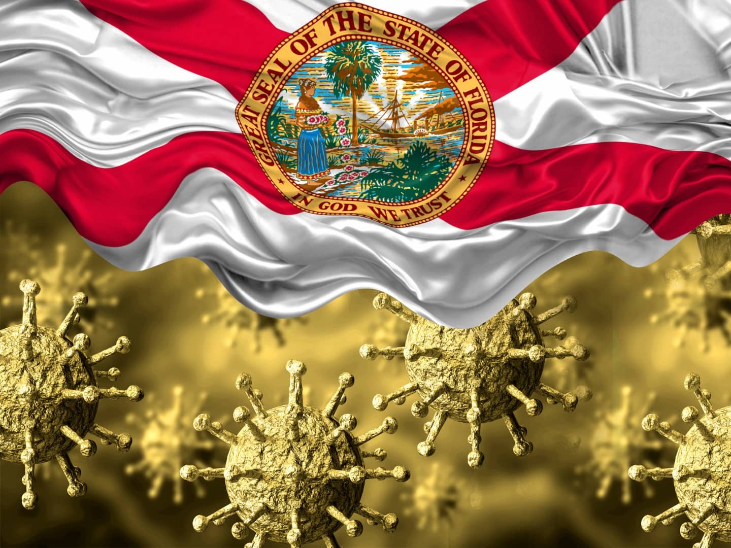 enlarged coronavirus, covid-19 under the flag of Florida state. Pandemic of respiratory disease