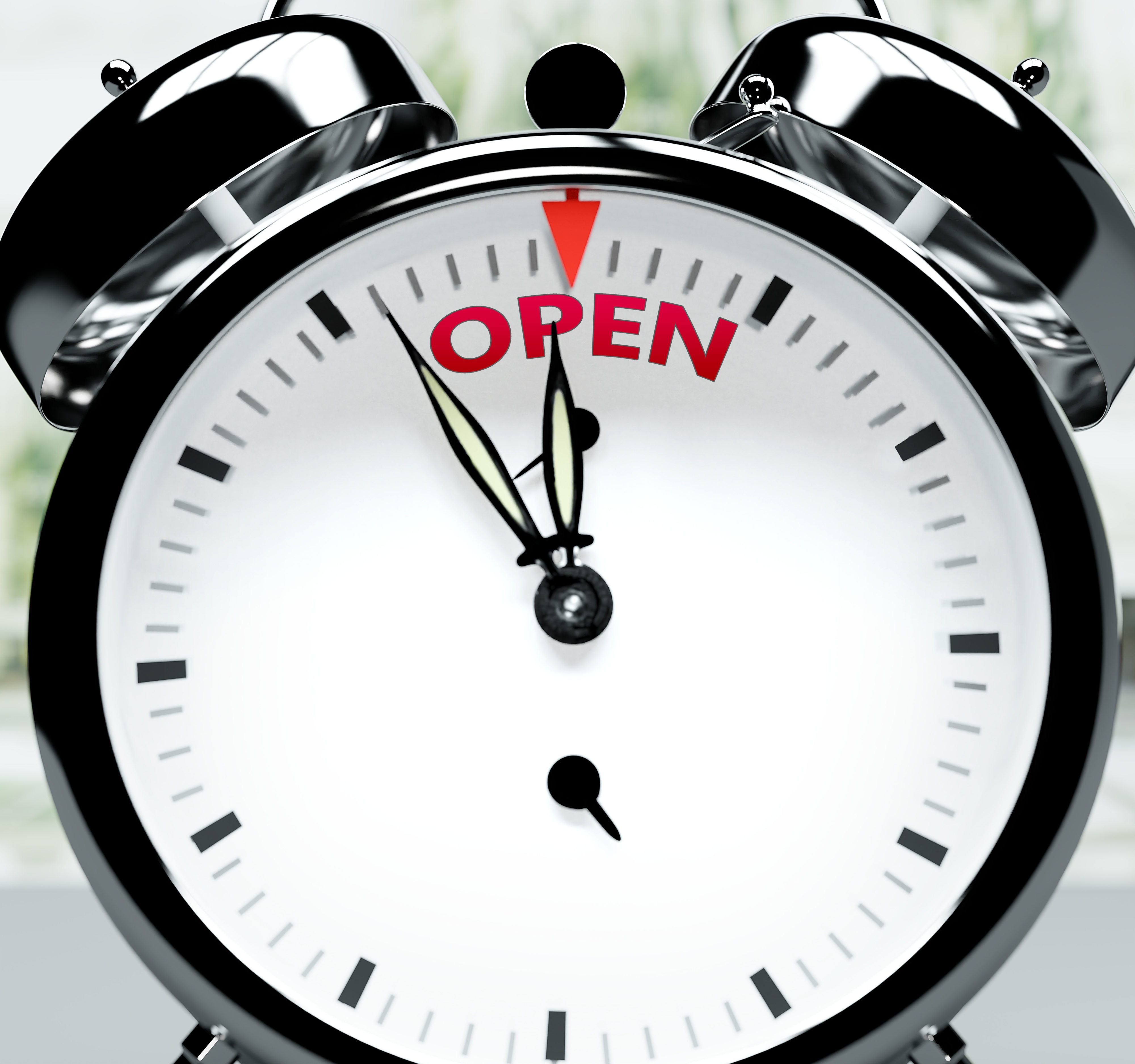Open soon, almost there, in short time - a clock symbolizes a reminder that Open is near, will happen and finish quickly in a little while, 3d illustration