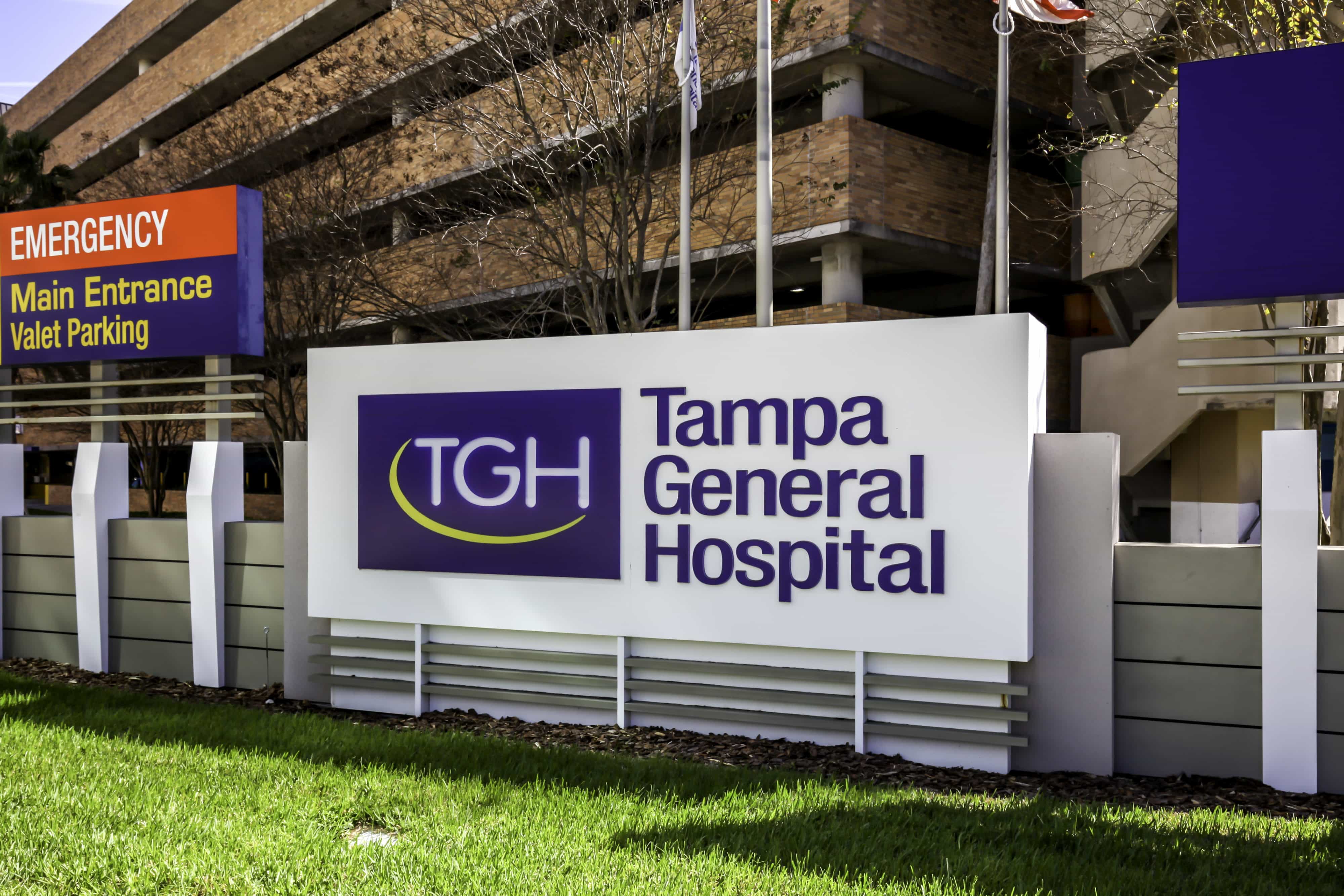 Tampa, Florida, USA- February 23, 2020:  Sign of Tampa General Hospital in Florida, USA.