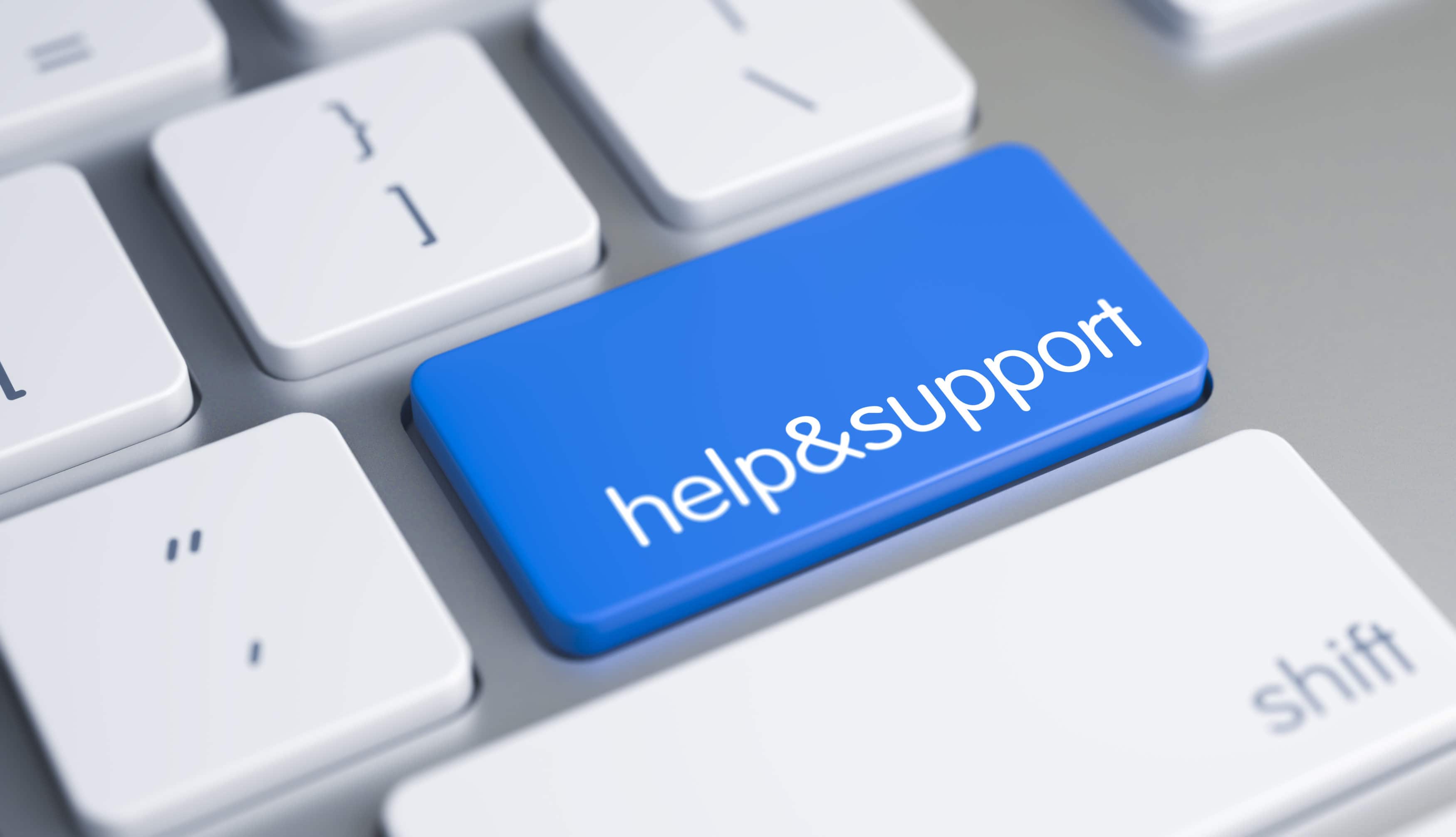 Helpandsupport - Inscription on Blue Keyboard Button. 3D.