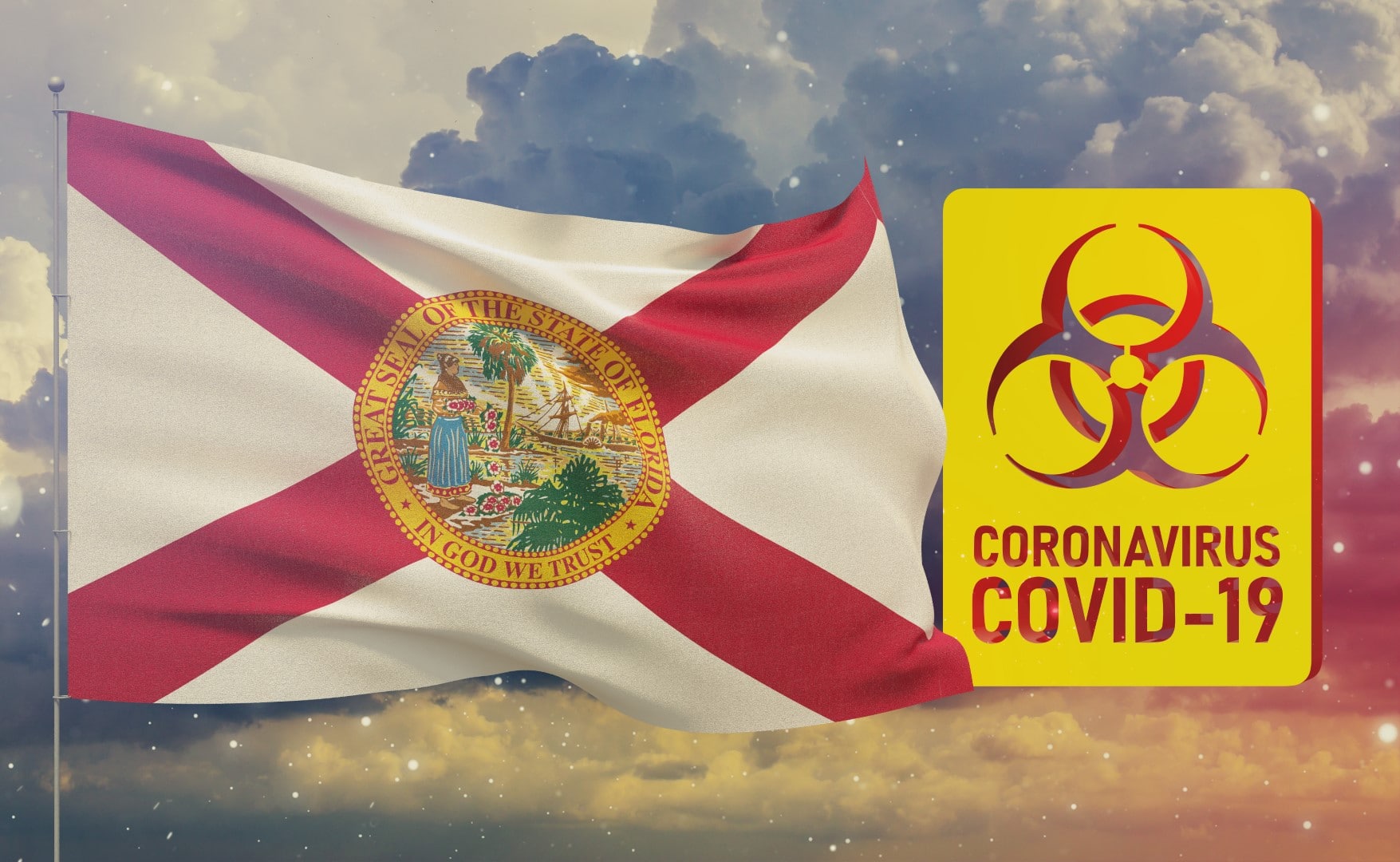 COVID-19 Visual concept - Coronavirus COVID-19 biohazard sign with flags of the states of USA. State of Florida flag. Pandemic stop Novel Coronavirus outbreak covid-19 3D illustration.