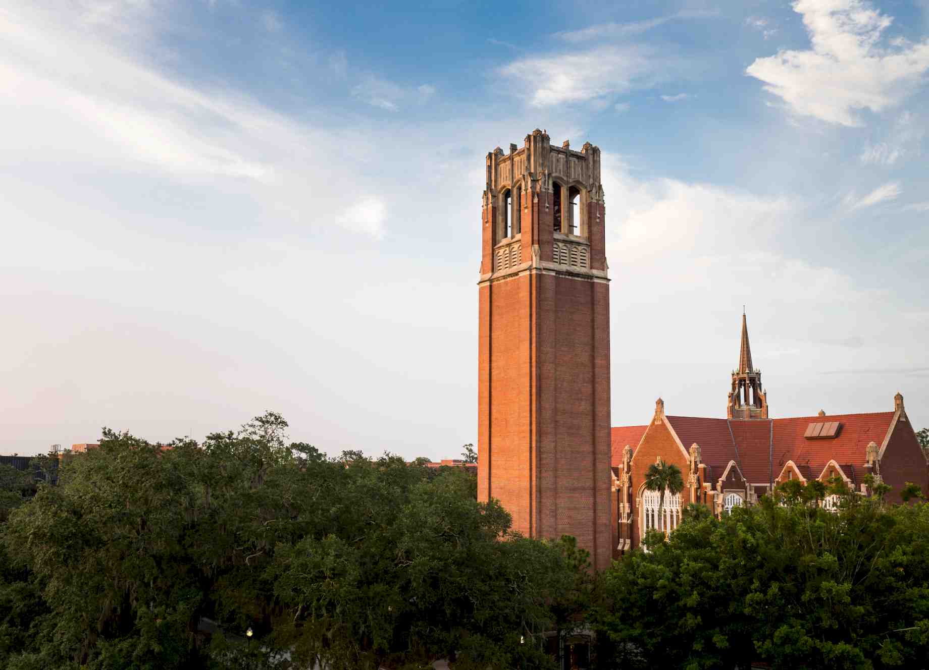 An evening view of UF's Century Tower and University Auditorium.