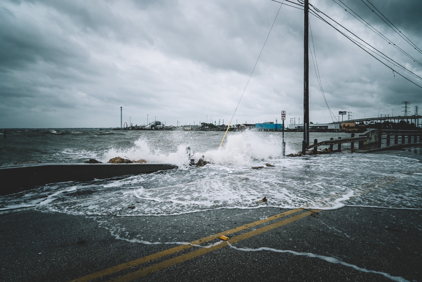 Water coming over road in Kemah Texas During Hurricane Harvey