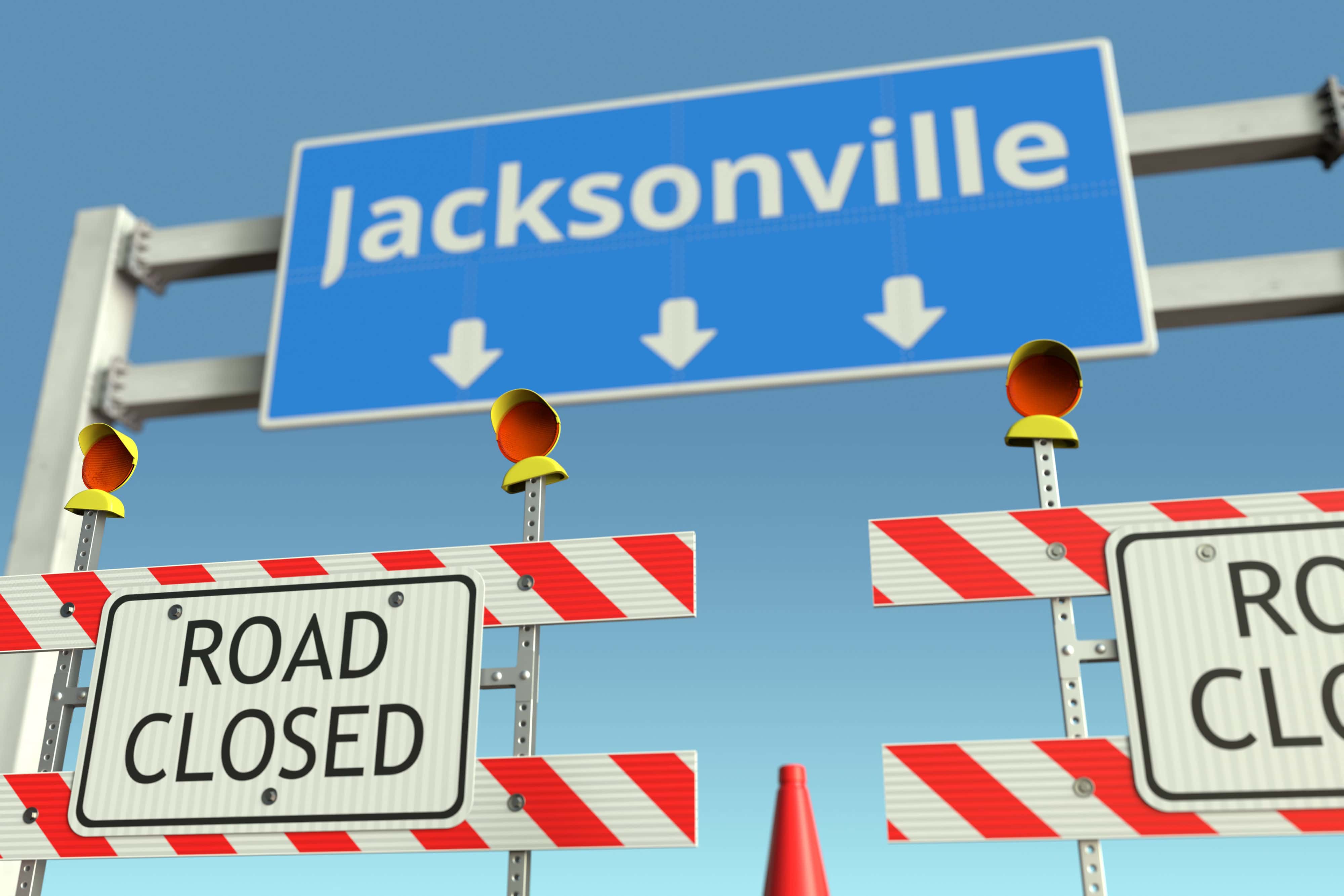 Roadblock at Jacksonville city traffic sign. Lockdown in the United States conceptual 3D rendering