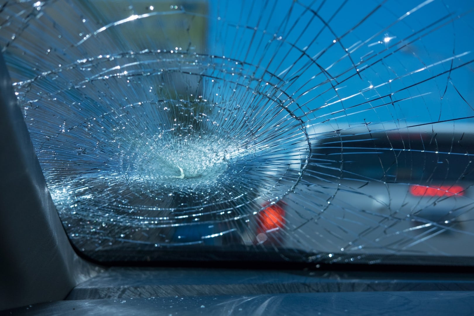 car accident. inside car front glass car are broken. image for car,vehicle,transportation,accident concept