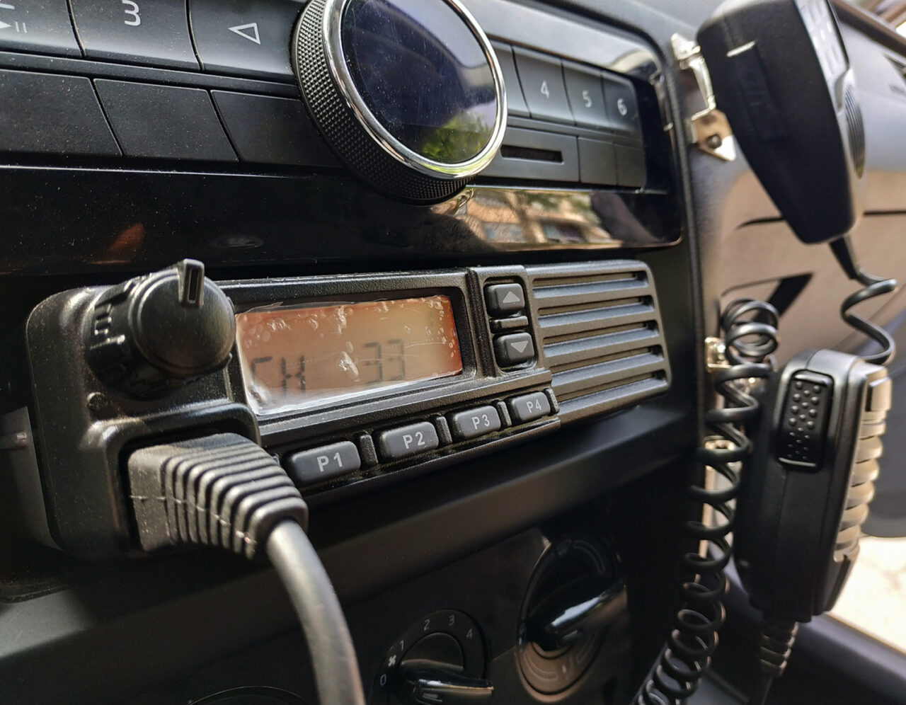 Police patrol car radio equipment and microphone. Walkie-talkie.