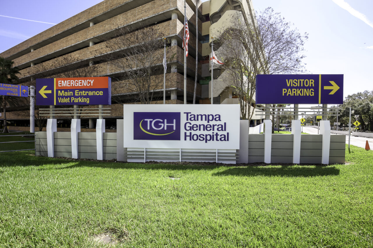 Tampa, Florida, USA- February 23, 2020:  Sign of Tampa General Hospital in Florida, USA.