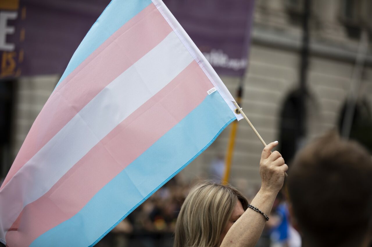 A transgender flag being waved at LGBT gay pride march