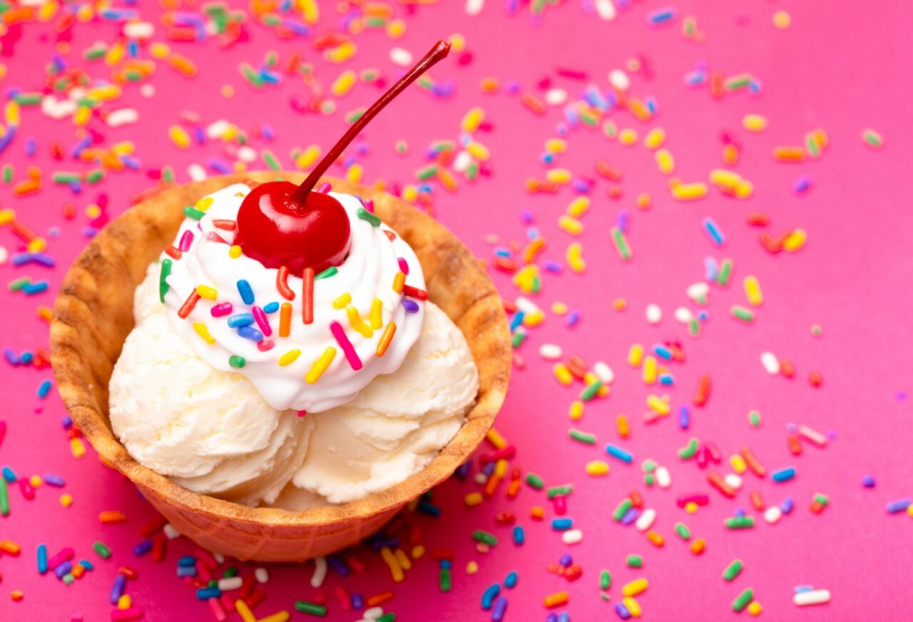 Vanilla Ice Cream in a Waffle Cone Bowl wiht a Cherry on Top