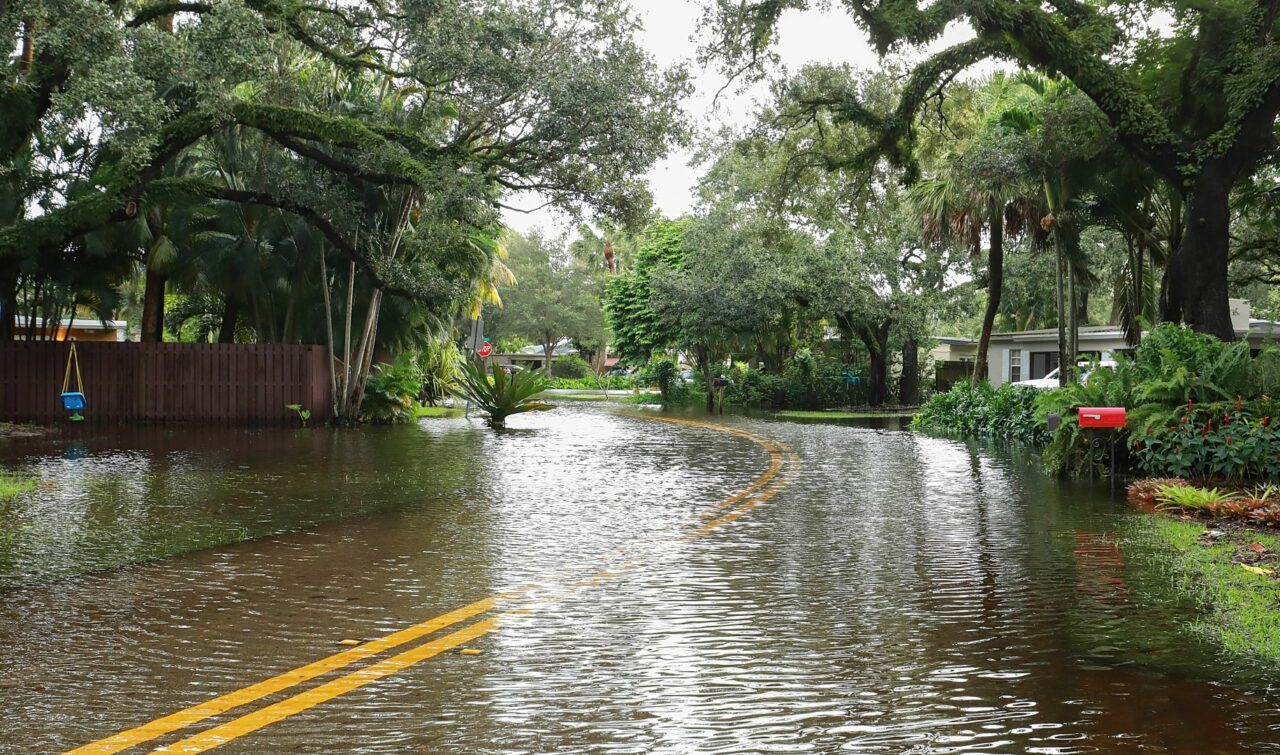 Fort Lauderdale residential neighborhood street floods from Tropical Storm Eta.