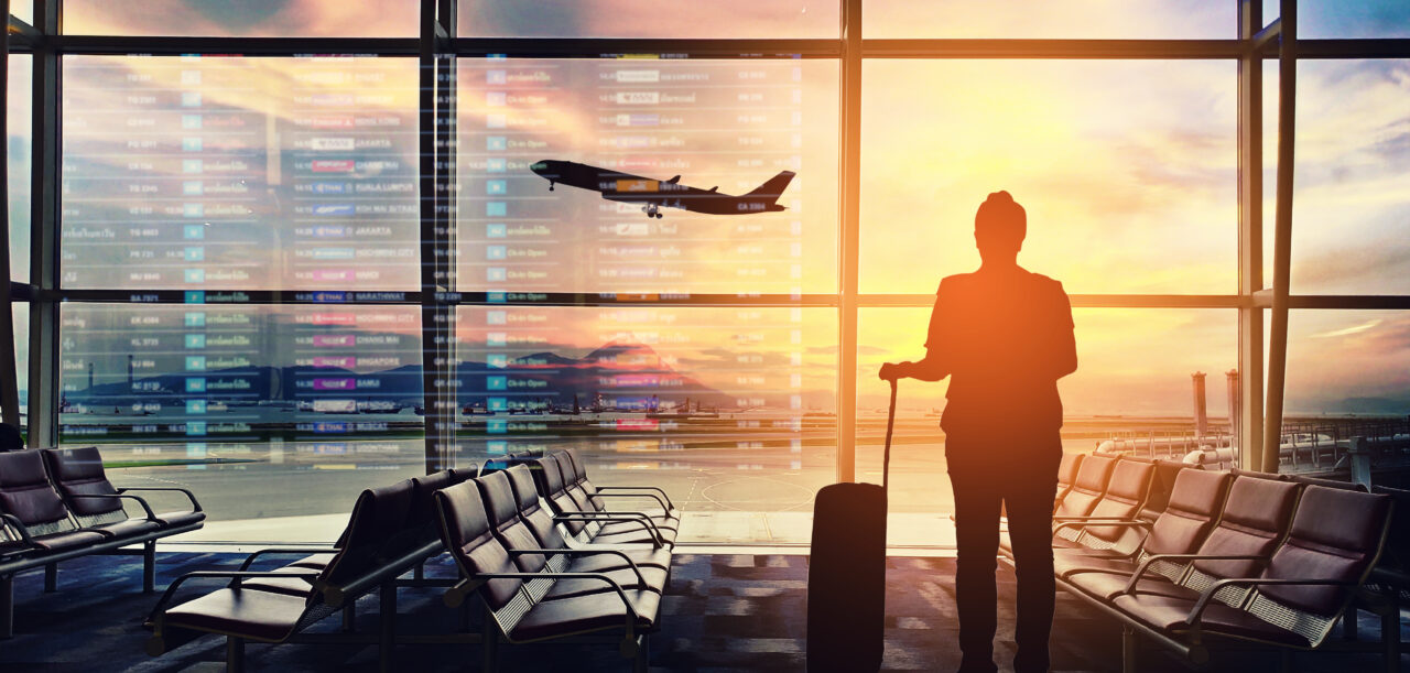 Silhouettes passenger airport. Airline travel concept.