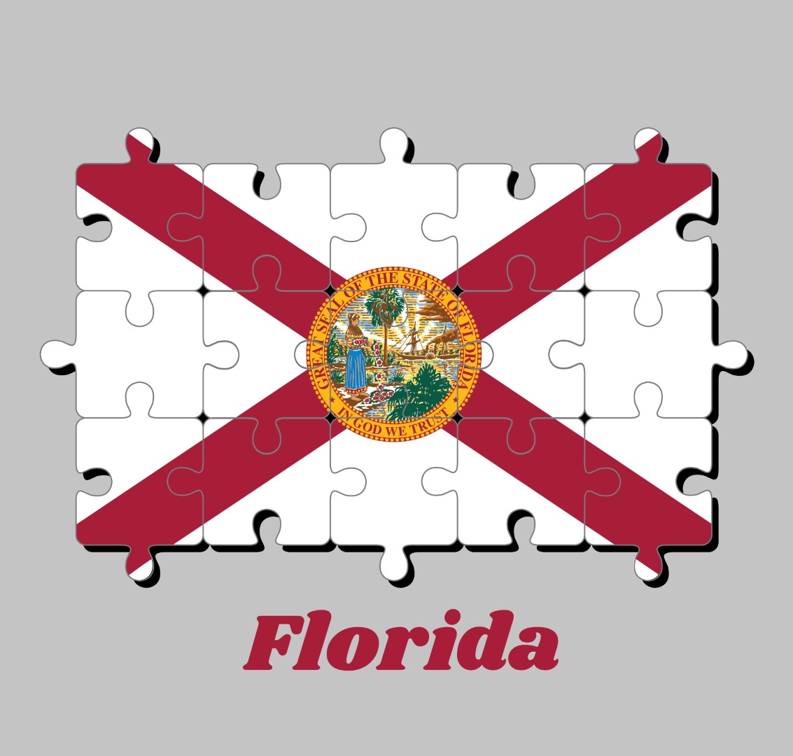 Jigsaw puzzle of Florida flag, with the state seal superimposed on the center. The states of America, Concept of Fulfillment.